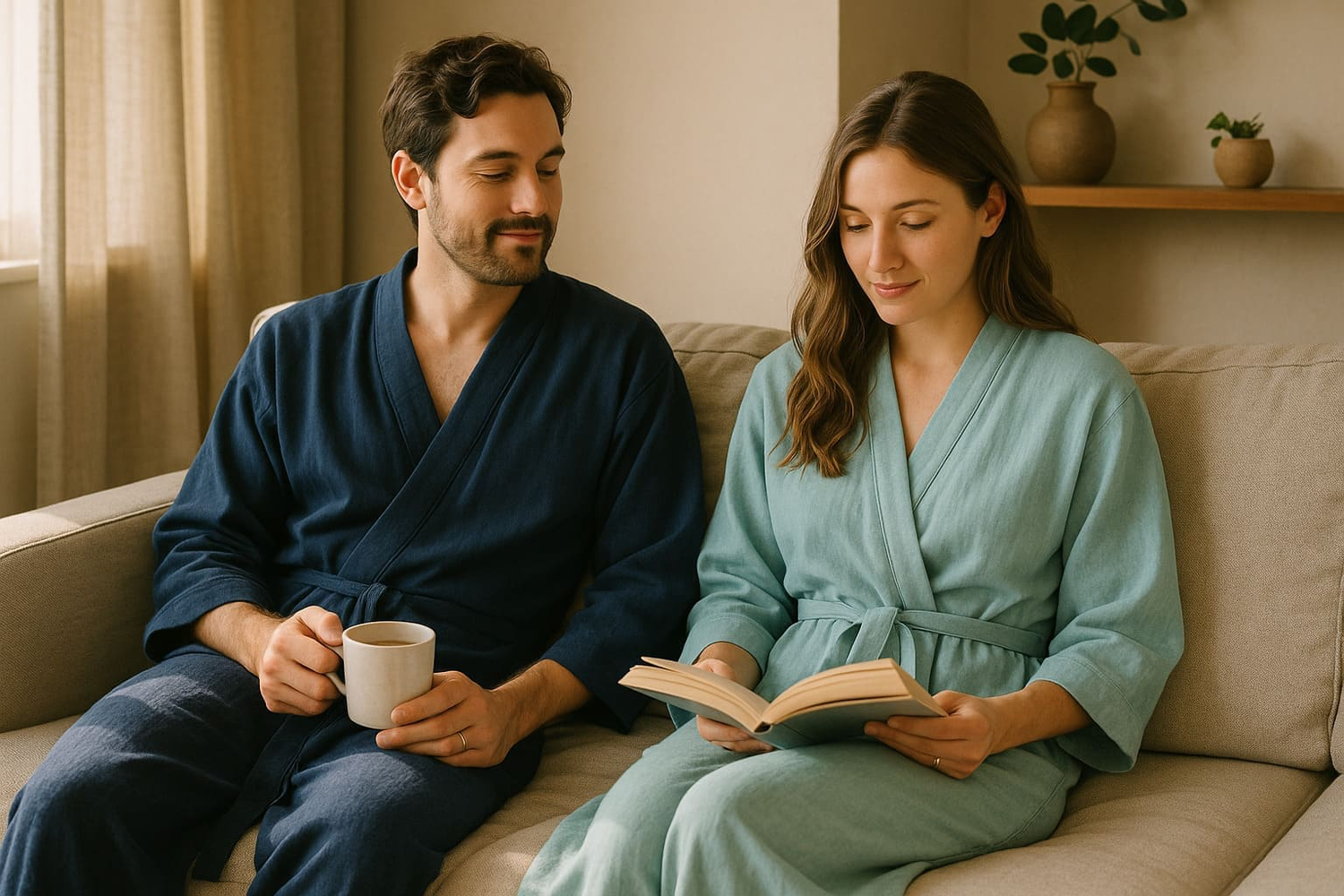 kimono pyjama femme en gaze de coton vert clair, ensemble doux et fluide inspiré du style japonais pour la nuit ou la détente à la maison