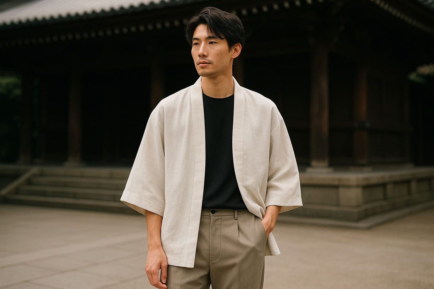 homme portant une veste kimono beige moderne, style japonais casual chic devant un temple traditionnel