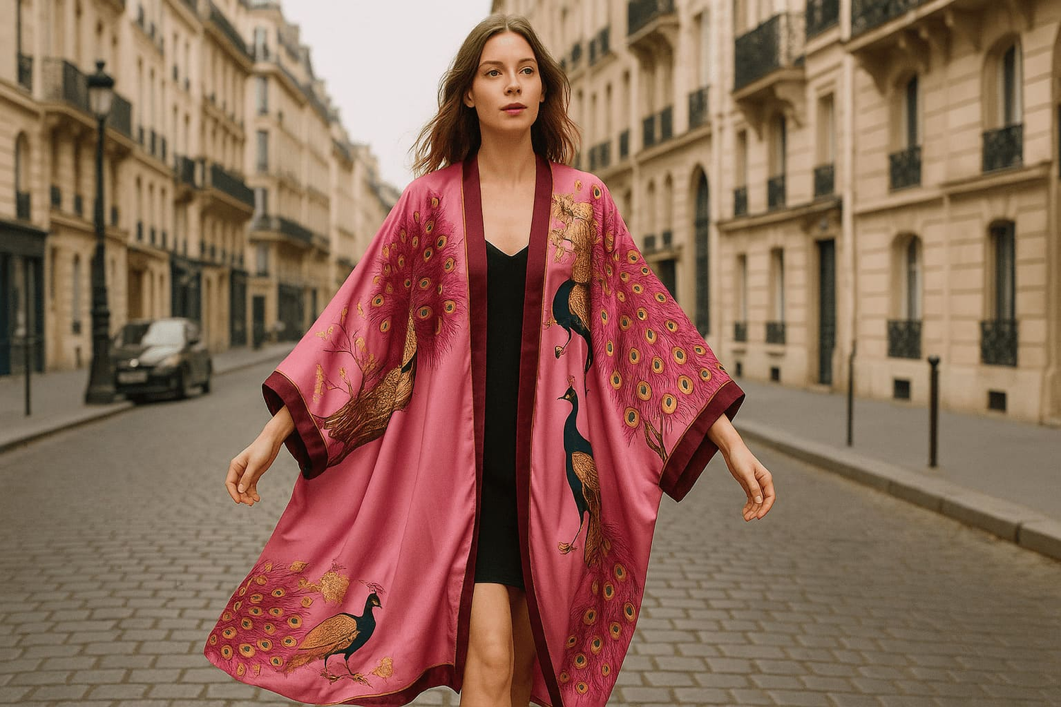 kimono femme long en satin rose à motif paon, collection élégante et fluide inspirée du style japonais pour une féminité affirmée