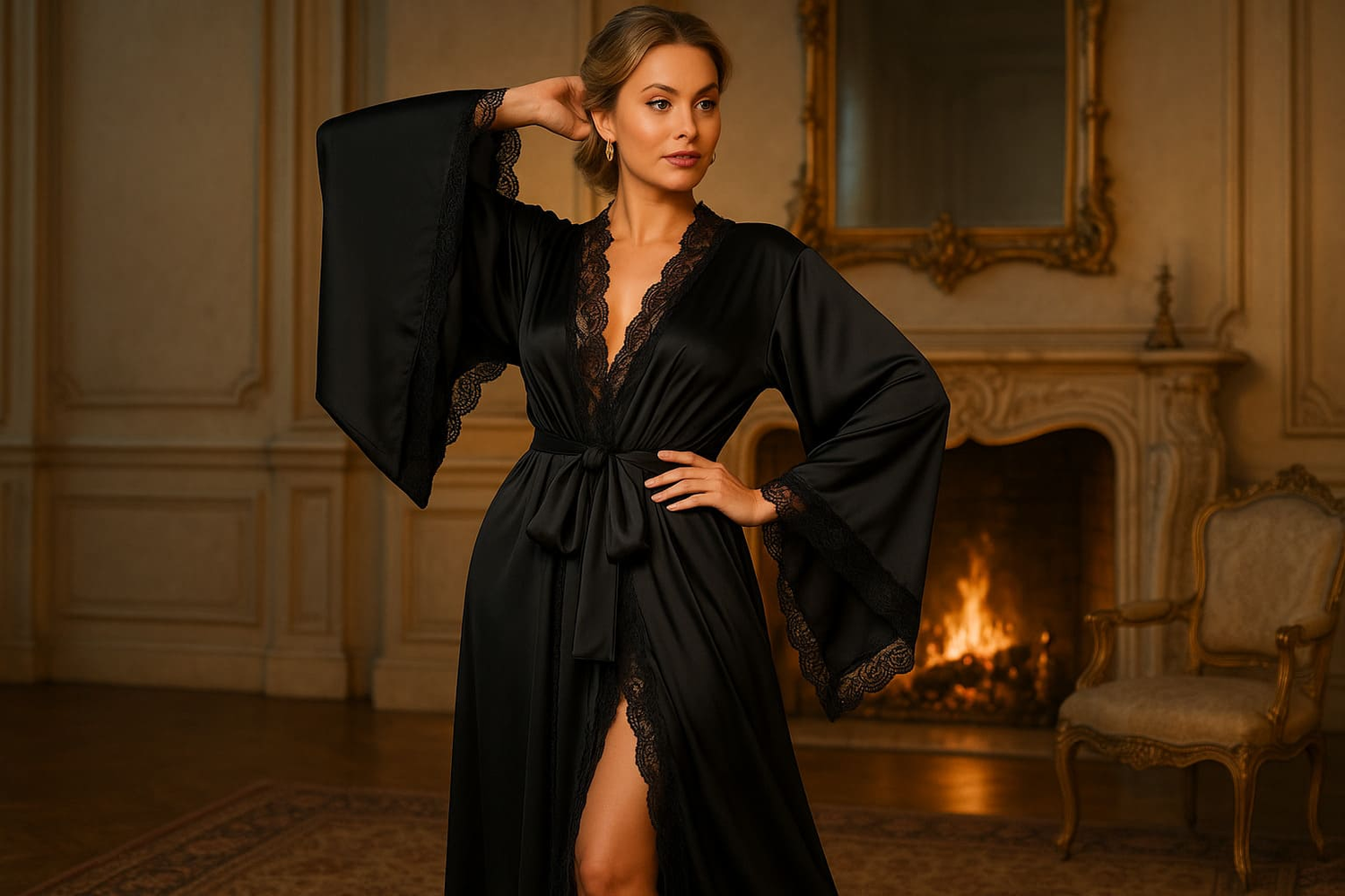 femme en kimono long noir en satin et dentelle, tenue sensuelle et élégante inspirée du kimono traditionnel