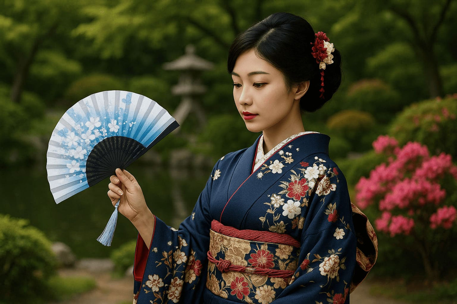 femme en kimono bleu fleuri tenant un éventail japonais décoré de fleurs blanches et de nuances bleues, dans un jardin traditionnel