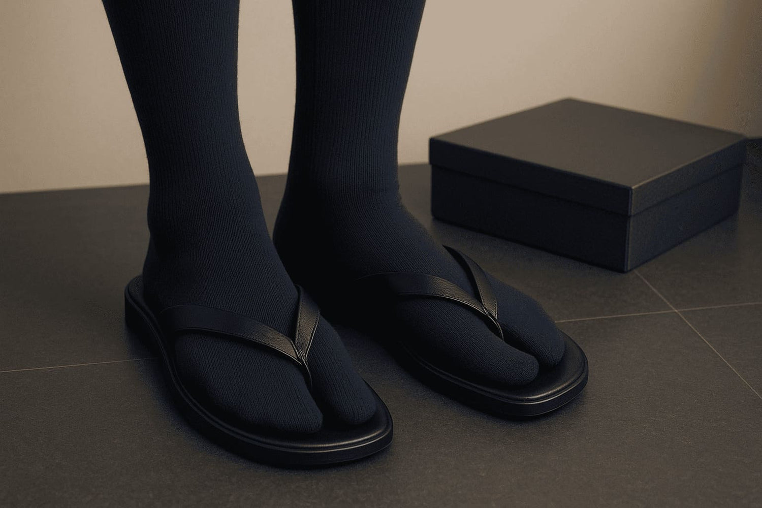 Chaussettes tabi noires homme avec sandales japonaises, accessoire traditionnel pour kimono homme élégant