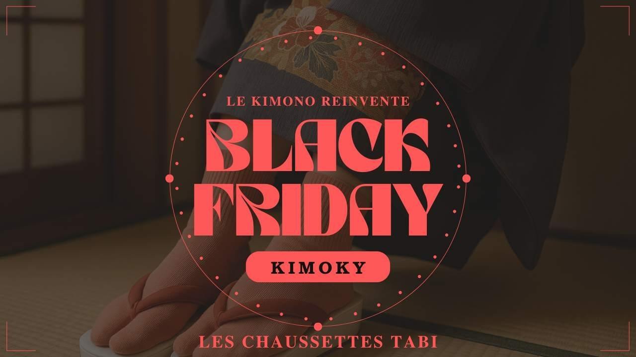 Visuel Black Friday Kimoky : chaussettes tabi japonaises sur tatami, style traditionnel et typographie rouge élégante.