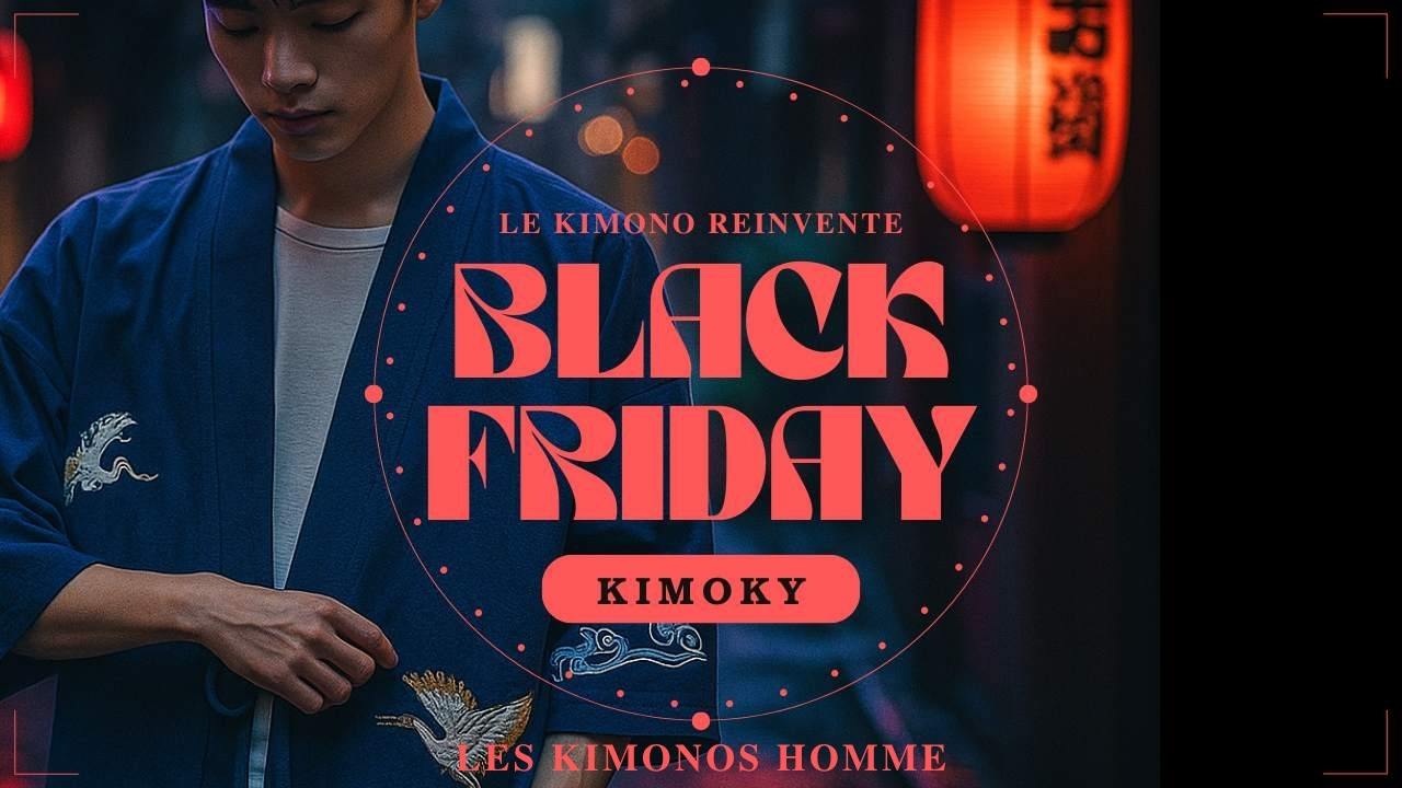 Visuel Black Friday Kimoky : homme portant un kimono bleu brodé de grues, ambiance urbaine japonaise éclairée par des lanternes rouges.