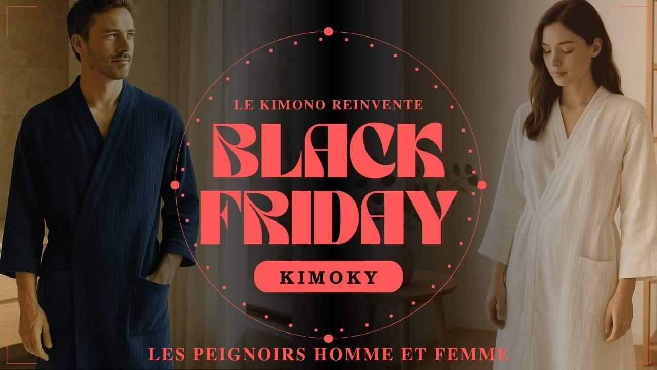 Visuel Black Friday Kimoky : homme en peignoir bleu et femme en peignoir blanc, ambiance douce et lumineuse, typographie rouge élégante.