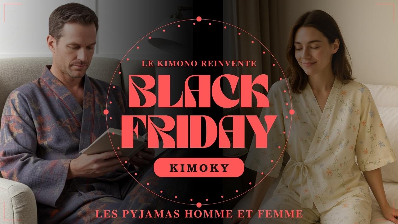 Visuel Black Friday Kimoky : homme lisant en pyjama kimono et femme souriante en pyjama fleuri, ambiance détente et typographie rouge élégante.
