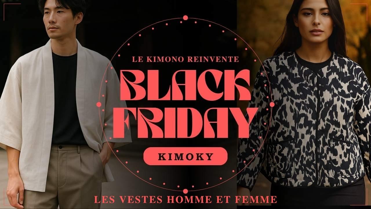 Visuel Black Friday Kimoky : homme en veste kimono beige et femme en veste imprimée noire, style automnal et typographie rouge élégante.