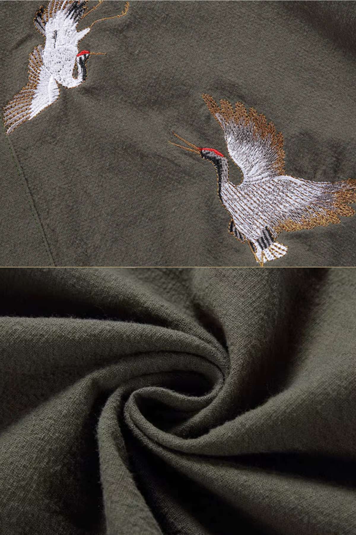 Tissu vert olive avec motifs d'oiseaux en vol, texture douce et légèrement froissée, évoquant un style japonais