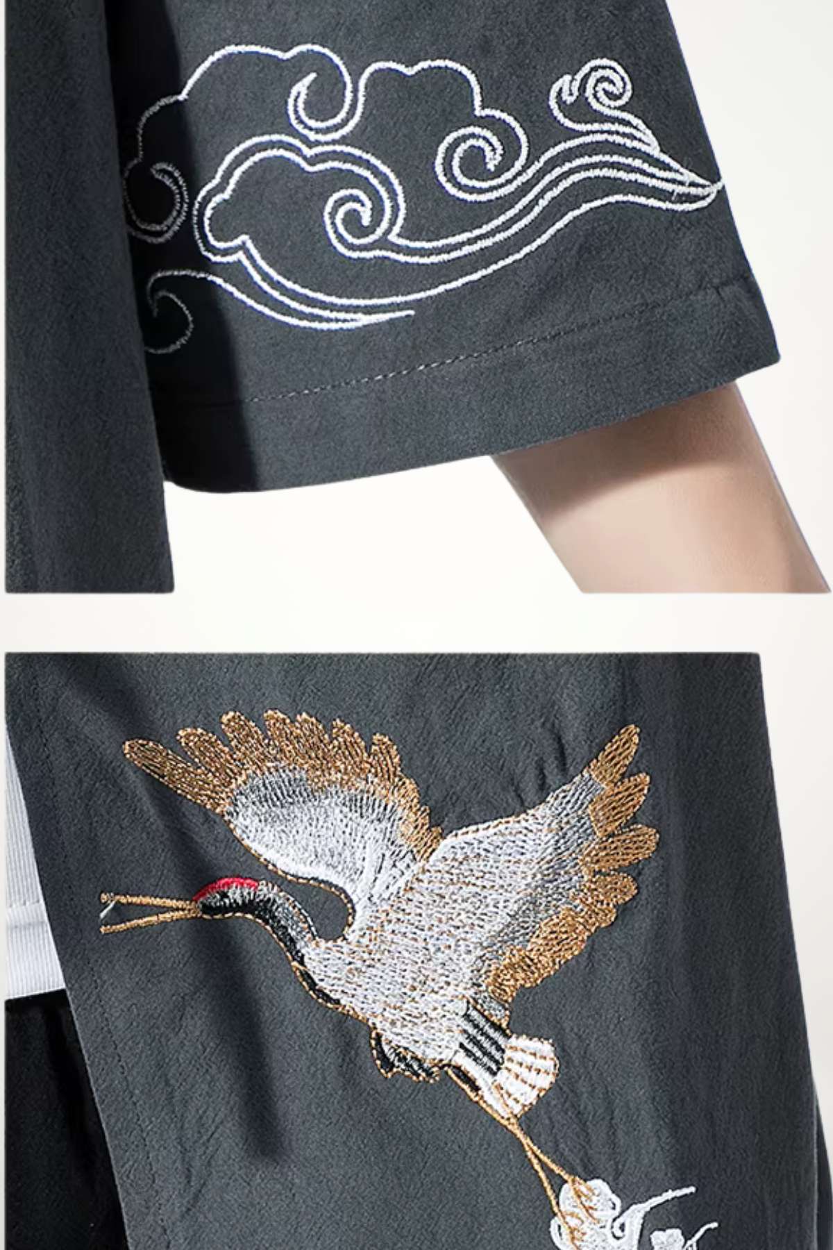 Kimono pour homme bleu-gris en coton tissé, veste kimono sans boutons, manches trois-quarts, broderie grue ivoire et motif nuage sur la manche.