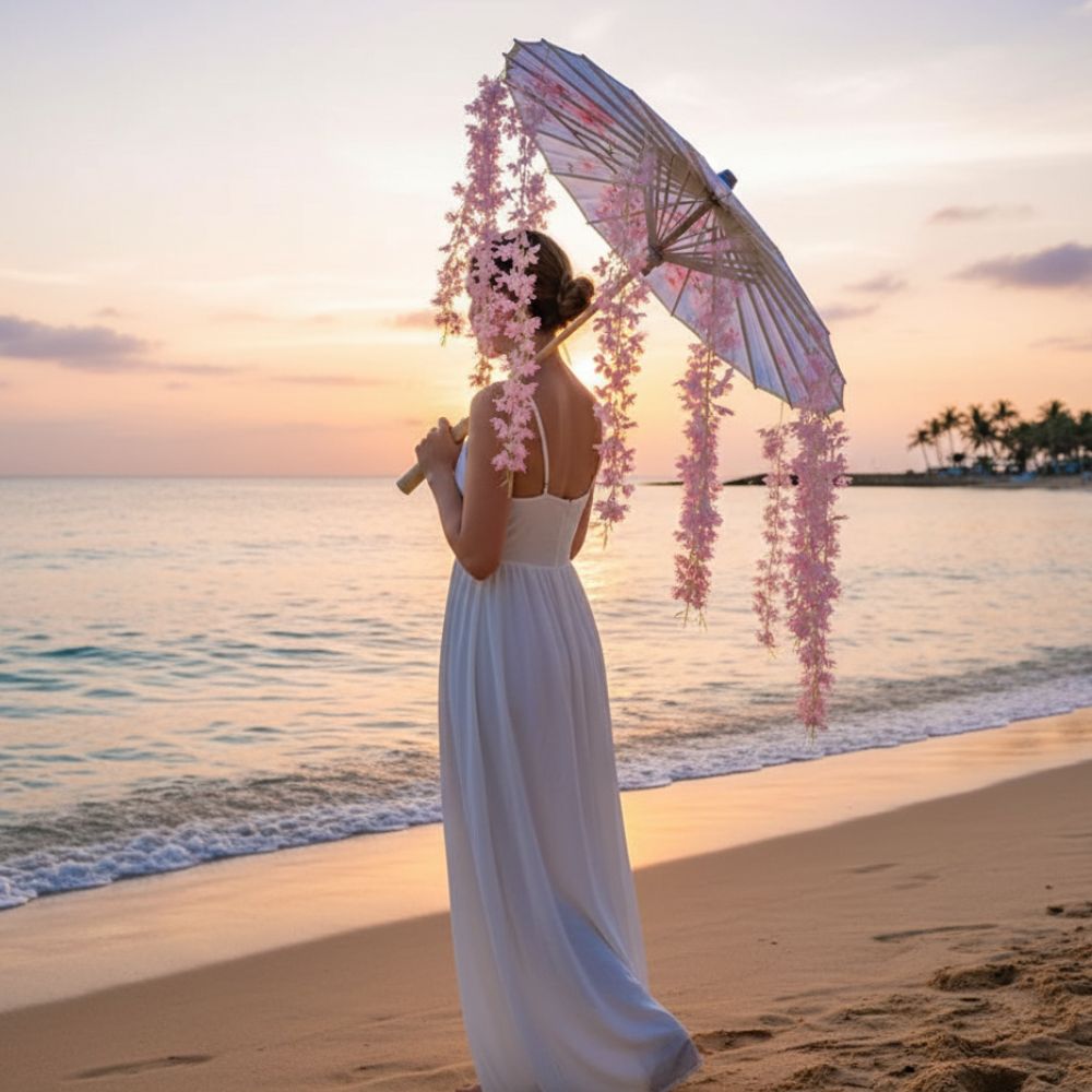Femme en robe blanche tenant un parapluie japonais rose, décoré de fleurs, face à la mer au coucher du soleil
