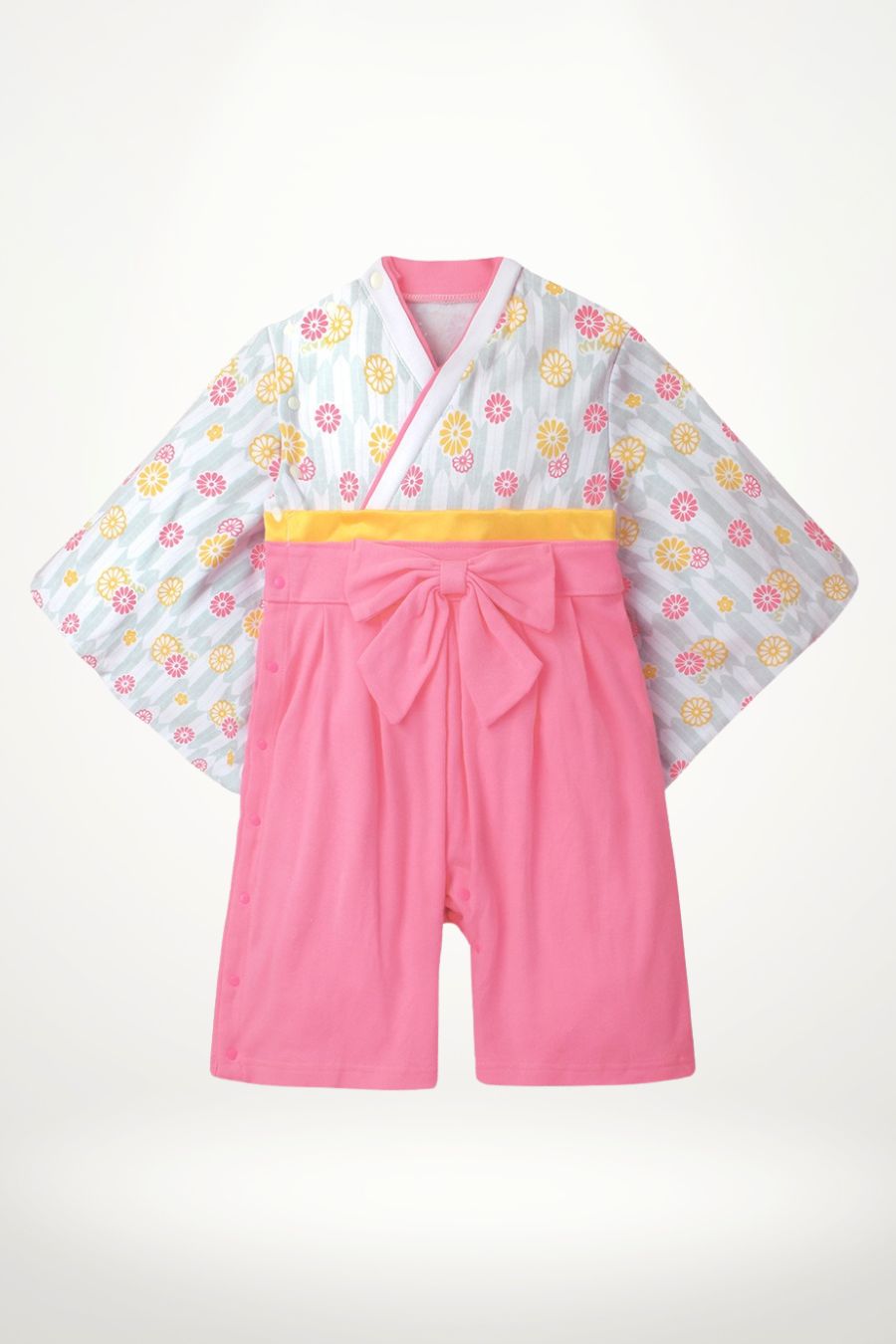 kimono bébé coton fleurs rose et jaune avec ceinture obi – modèle fille frais et lumineux