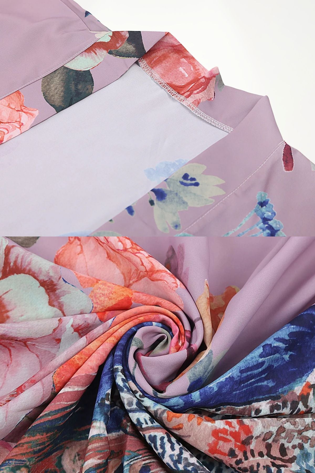 Un kimono en satin violet orné de motifs floraux aux couleurs vives, drapé élégamment sur un fond clair