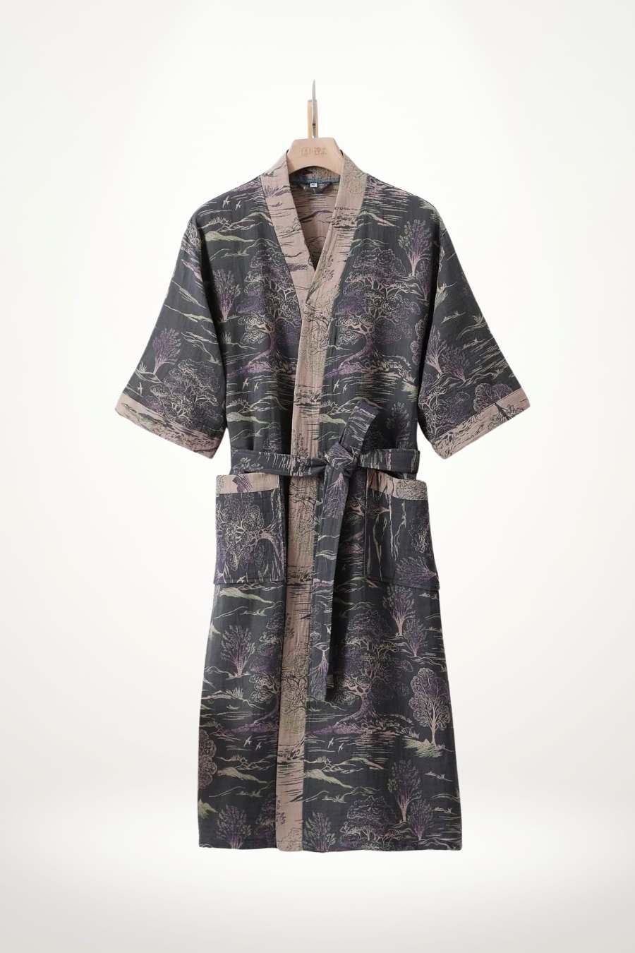 Kimono coton femme à imprimé forêt gris