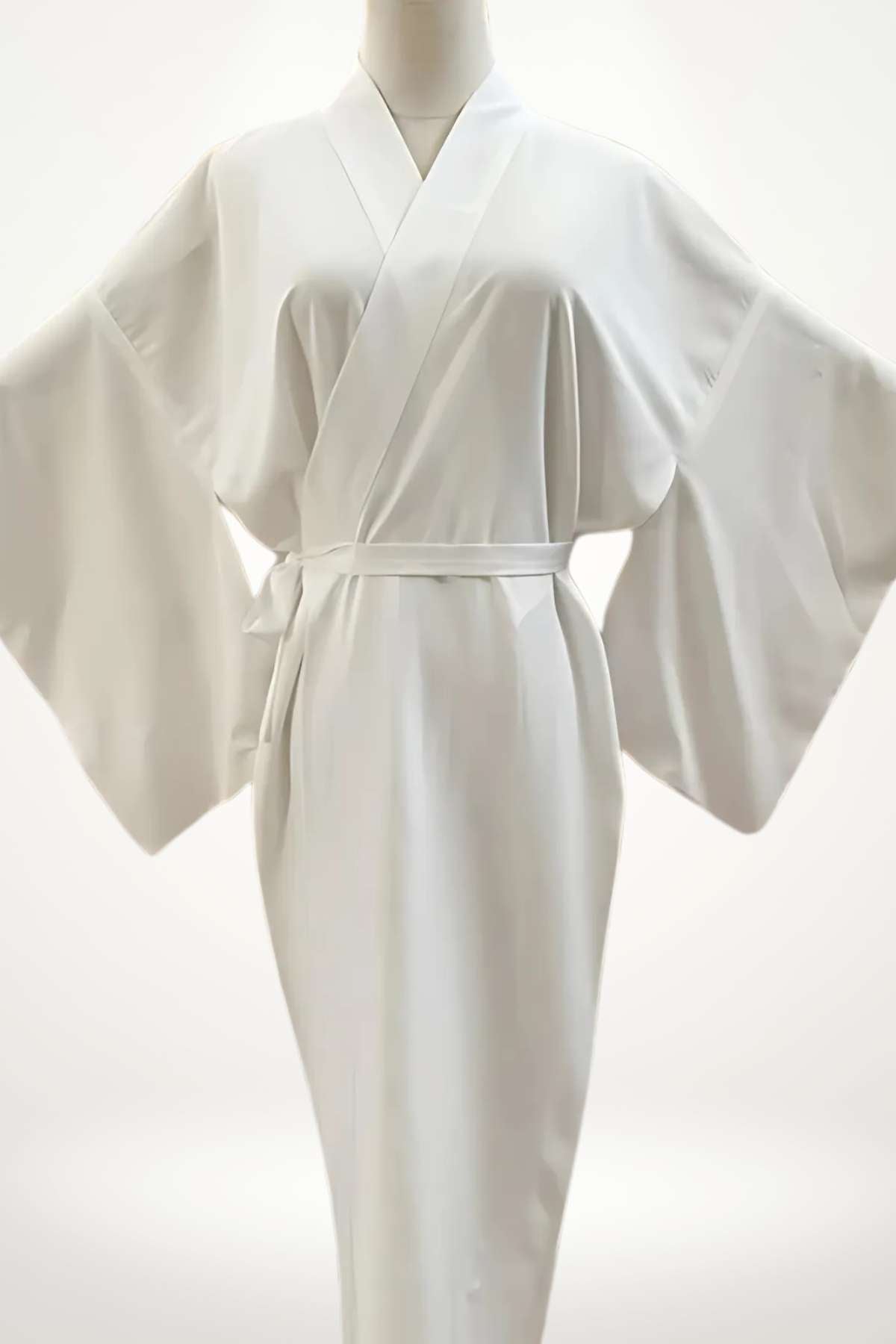 Kimono long blanc effet satin en coton-polyester style traditionnel japonais