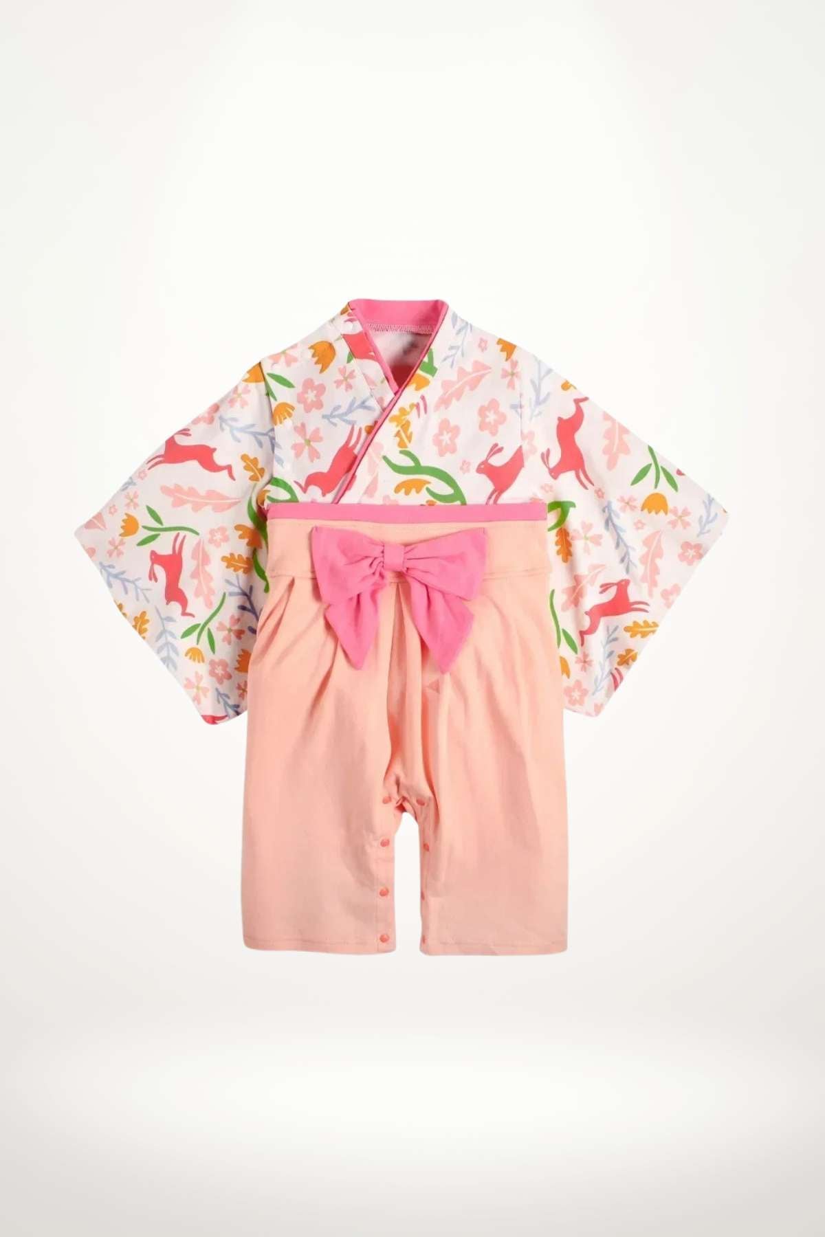 kimono bébé coton lapins roses et fleurs pastel avec ceinture obi – modèle fille doux et créatif
