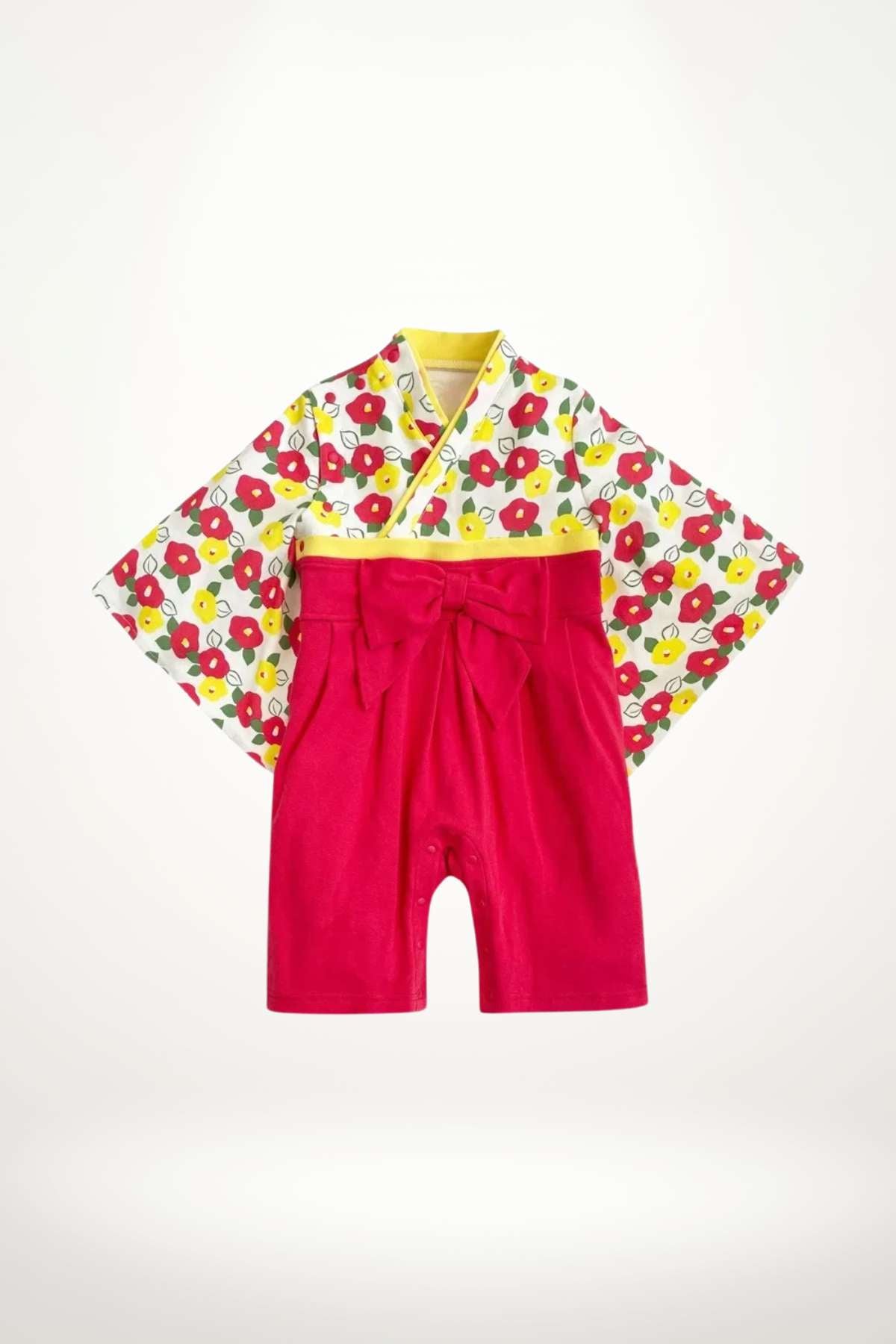 kimono bébé coton fleurs rouges et jaunes avec ceinture obi – modèle fille éclatant et confortable