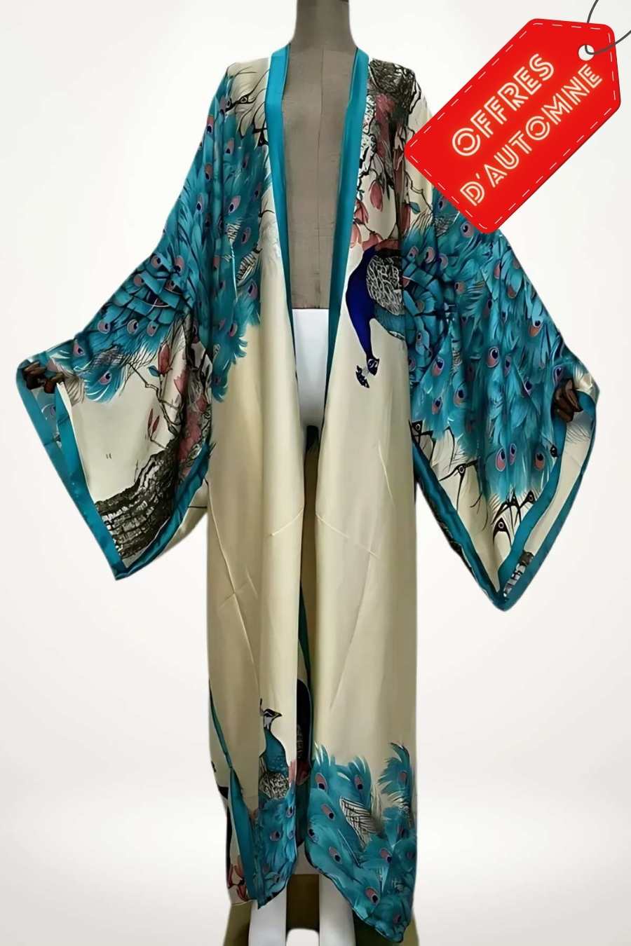 kimono long satin femme blanc crème avec motif paon bleu et finition turquoise chic et fluide