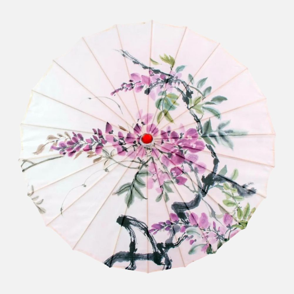 Ombrelle anti-UV violette ornée de motifs floraux en rose et vert sur un fond clair