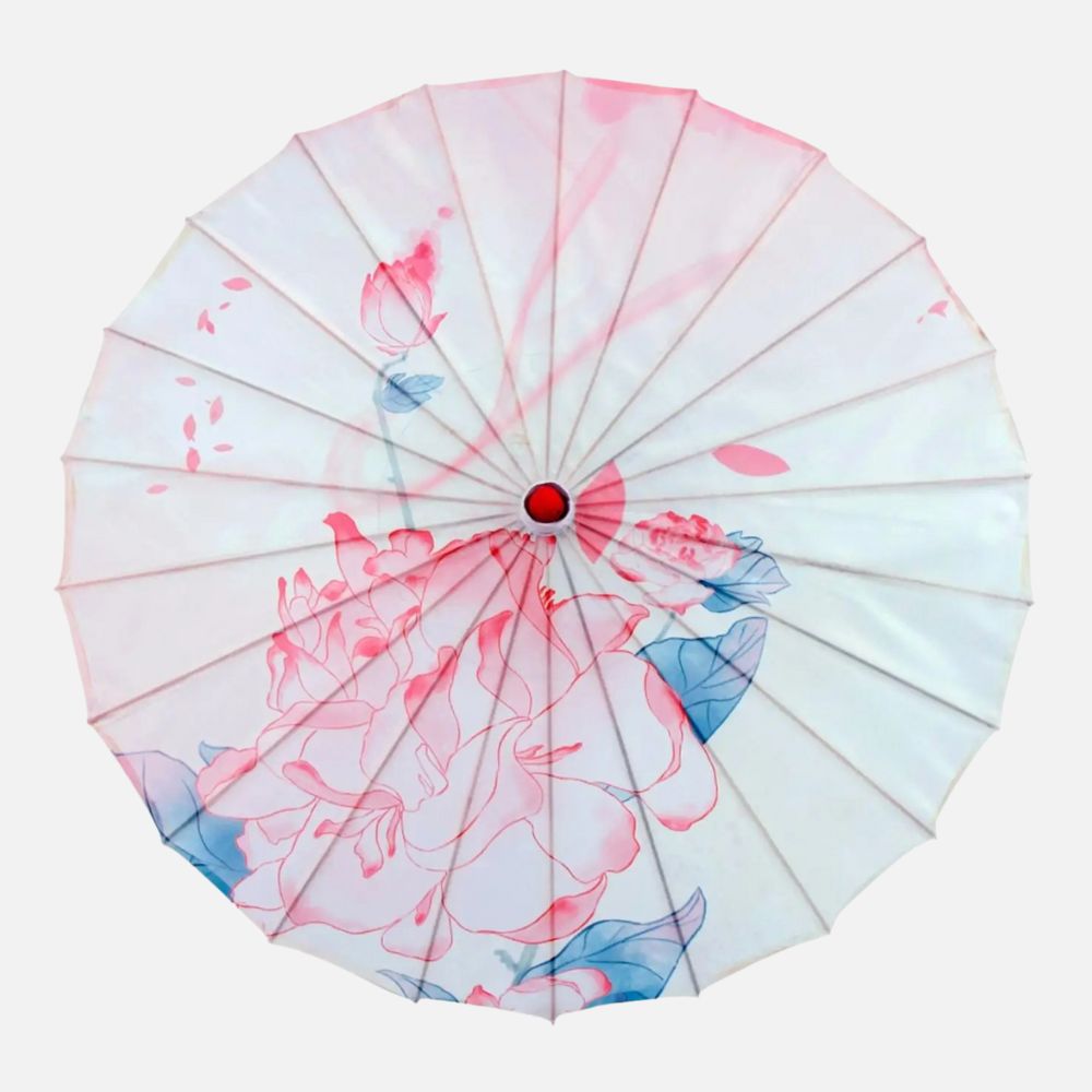 Ombrelle traditionnelle japonaise blanche ornée de motifs floraux roses et bleus, avec un bouton rouge au centre