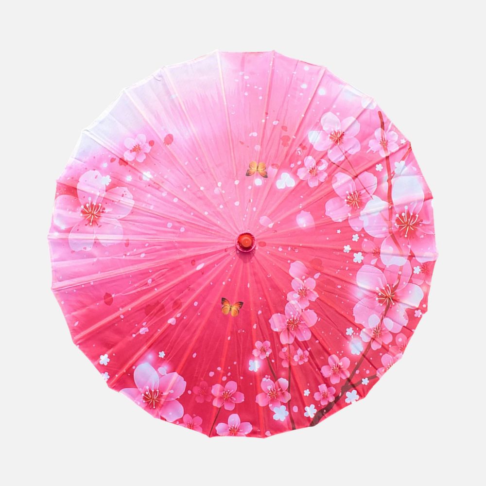 Ombrelle japonaise en papier rose décorée de fleurs et de papillons sur un fond dégradé