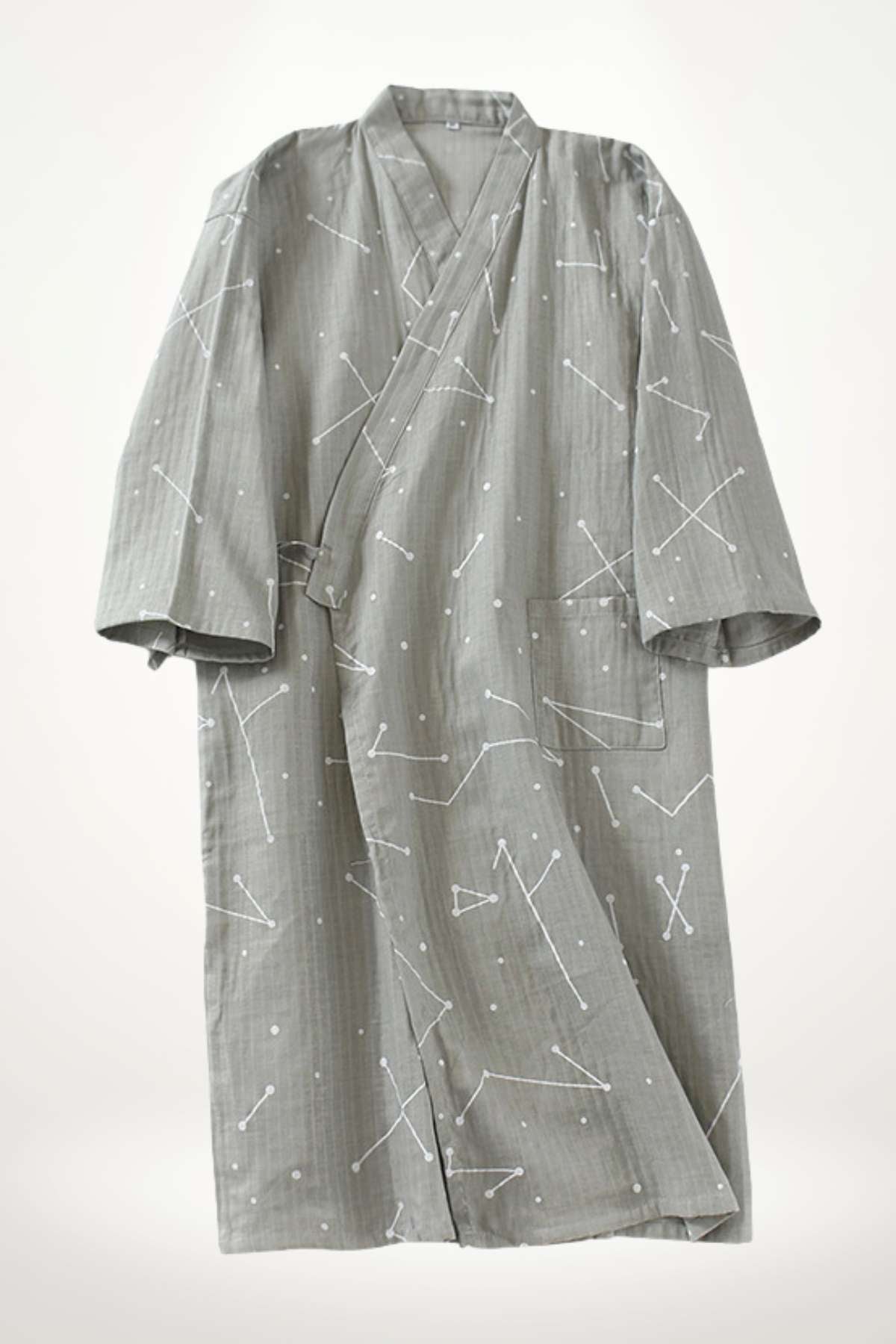 Peignoir kimono pour homme en coton léger, couleur gris avec motifs blancs géométriques et à pois