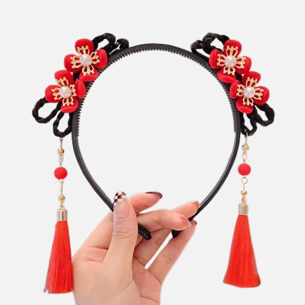 Serre tête Fille Noir | Pompons Rouges & Détails Floraux