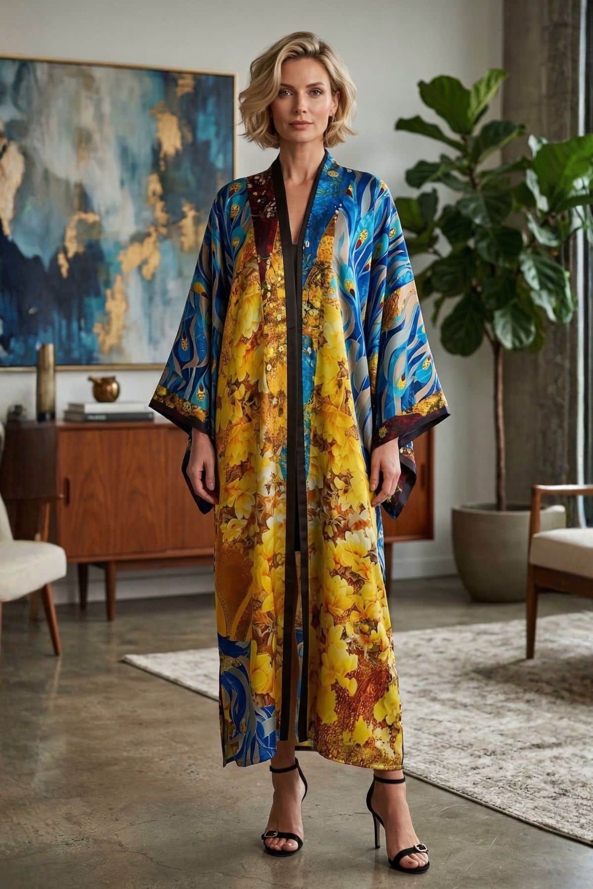 Femme portant un cardigan kimono coloré avec des motifs floraux, sur fond moderne et décor élégant
