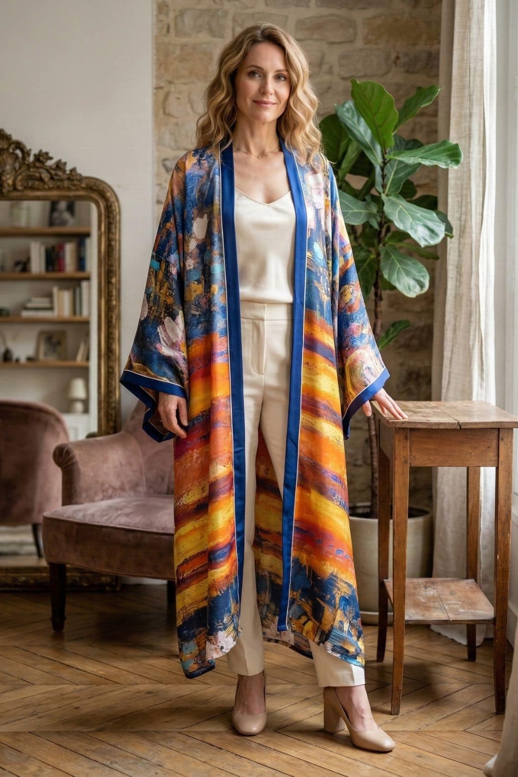 Femme portant un cardigan kimono coloré aux motifs vibrants, dans un décor intérieur lumineux avec des plantes