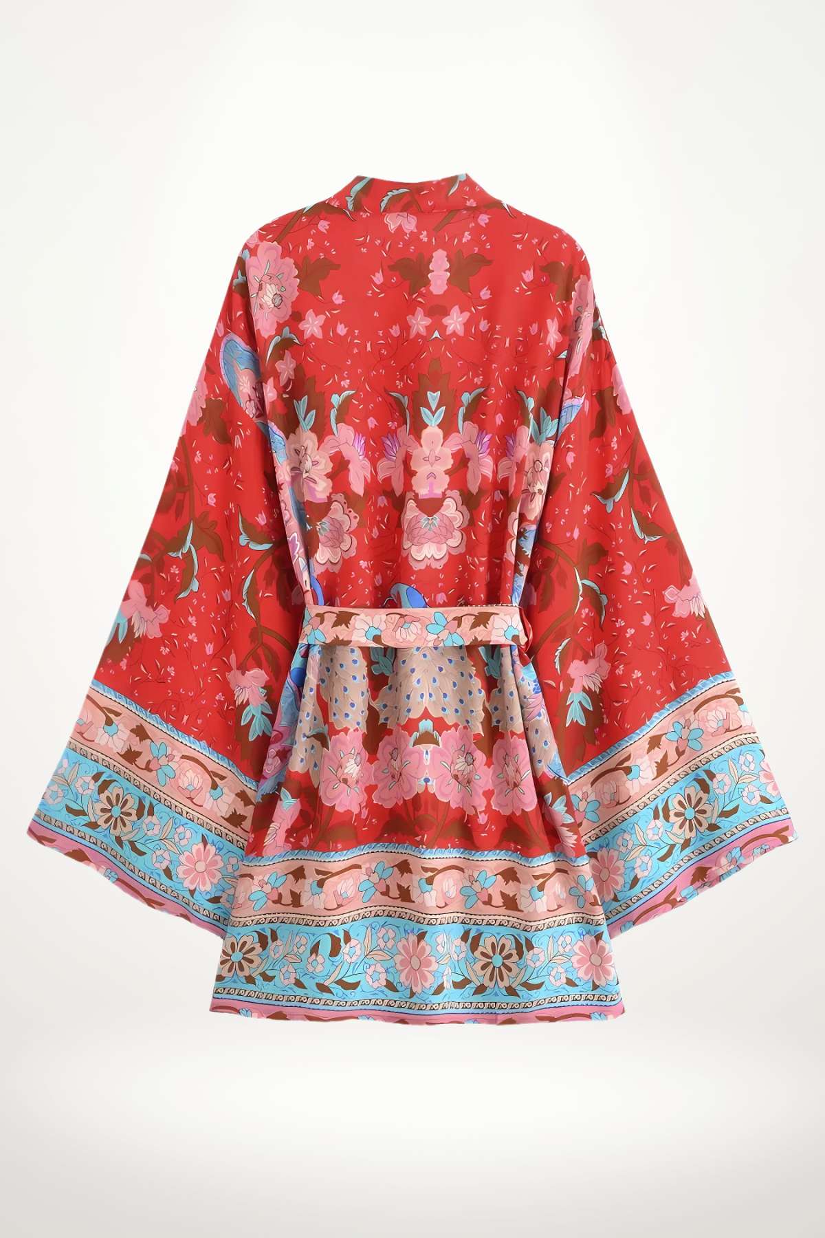 Haut kimono femme en tissu rouge orné de motifs floraux colorés et d'une ceinture assortie