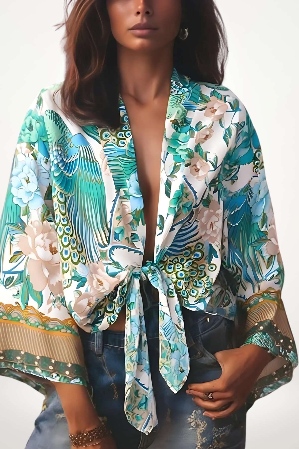 Kimono court japonais aux motifs floraux colorés, porté avec un style décontracté et une touche d'élégance