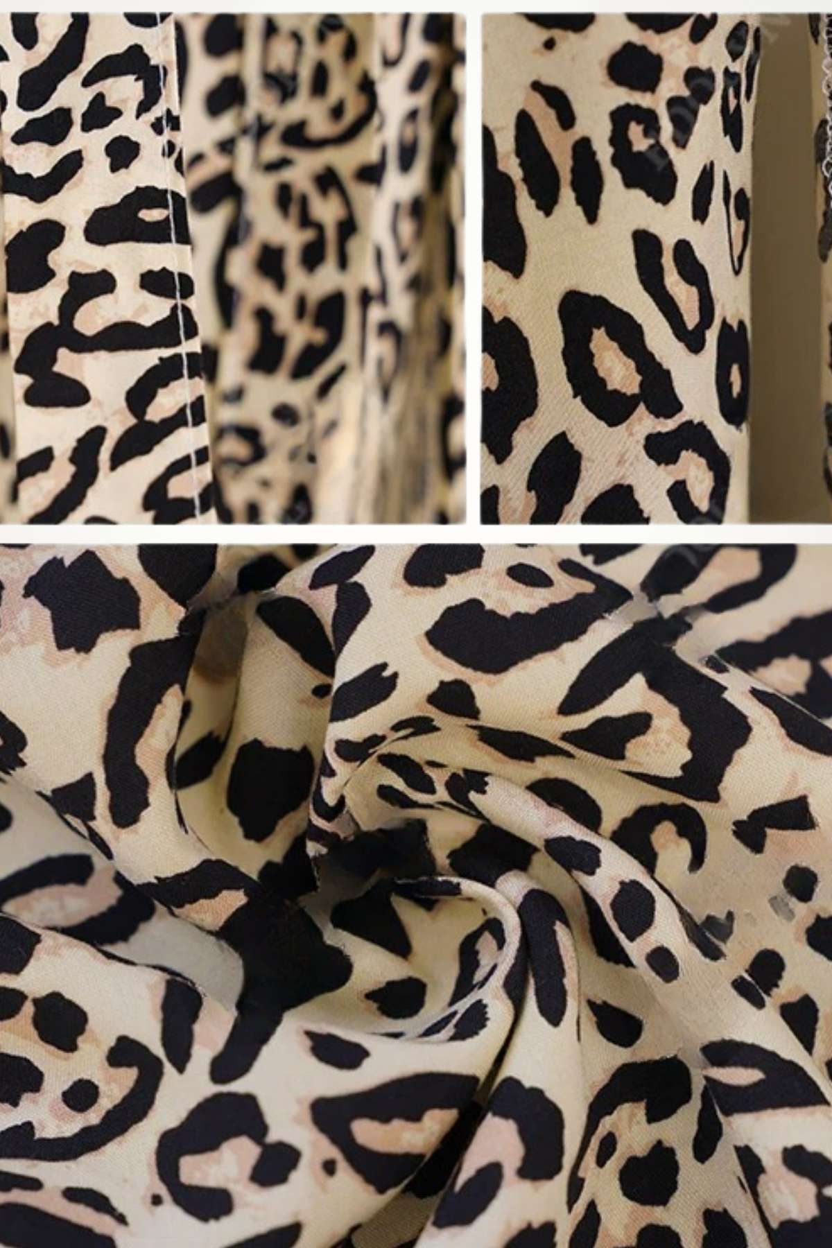 Tissu léger avec un motif léopard noir sur fond beige, offrant une allure élégante et estivale