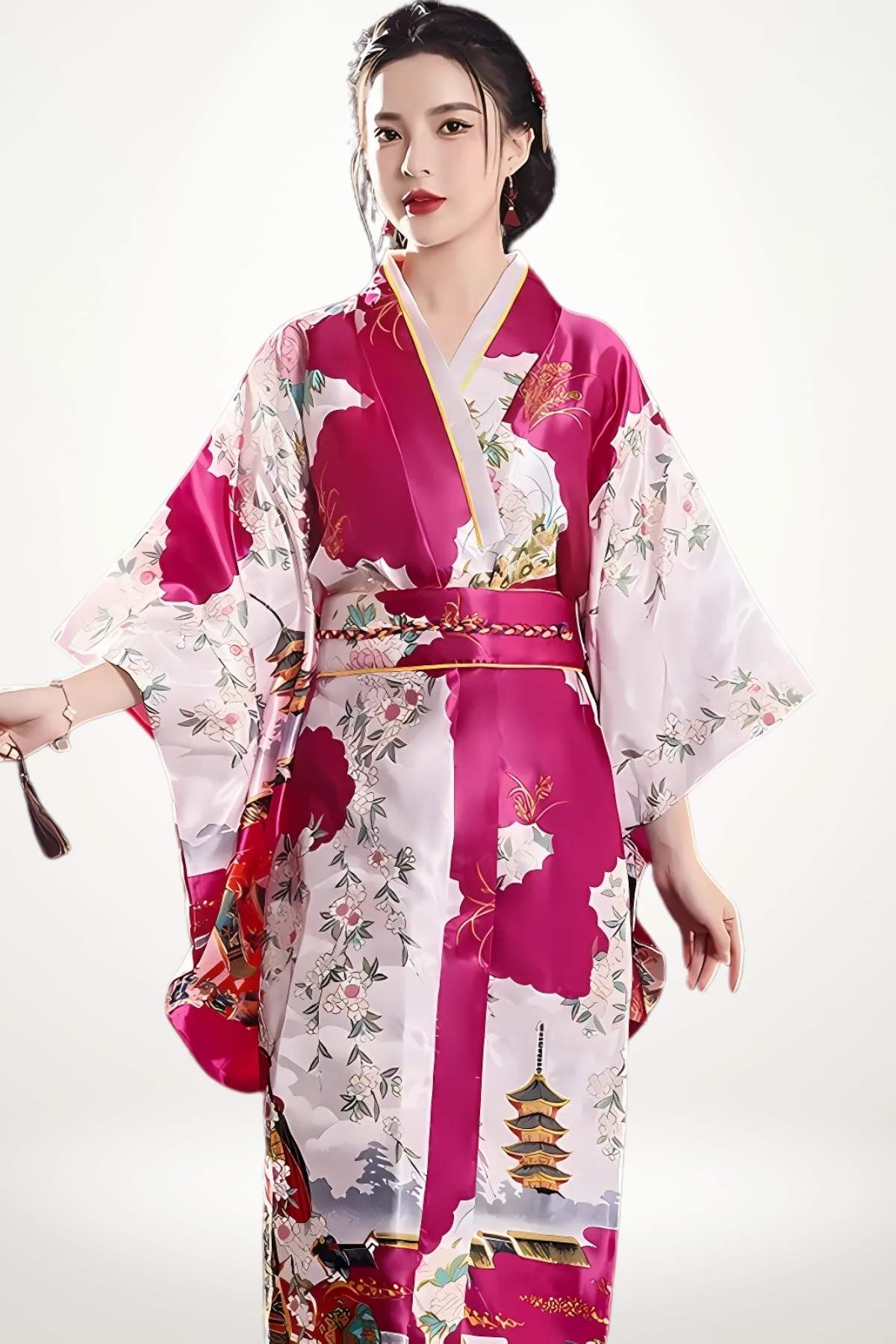 Kimono long fuchsia en satin pour femme, motifs geishas et pagodes traditionnels, ceinture obi tressée.