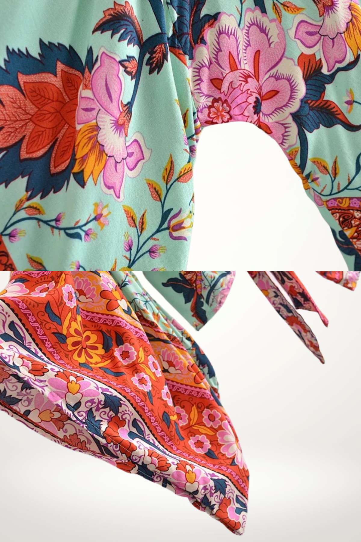 Kimono court en tissu léger, avec motifs floraux colorés sur fond vert et rouge, évoquant un style japonais