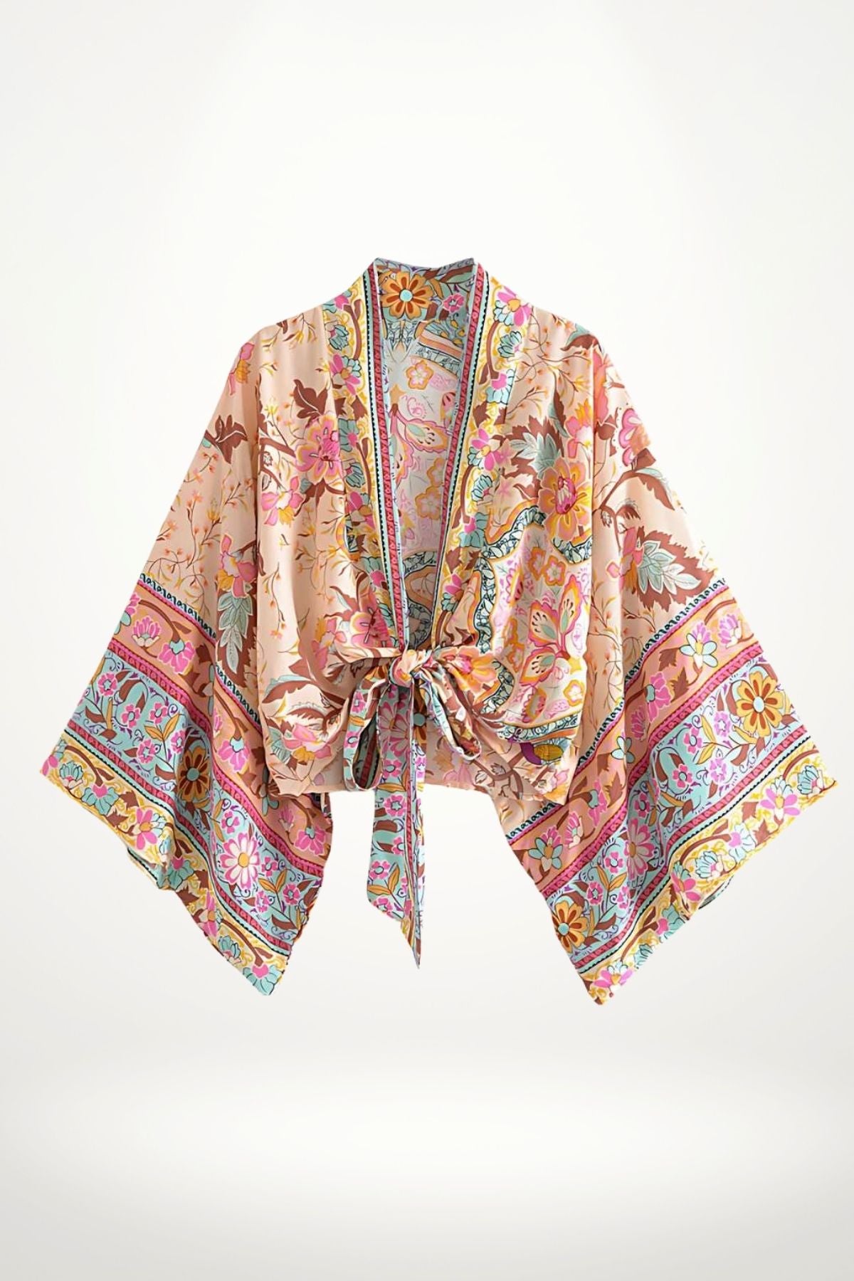 kimono femme court en coton beige à fleurs multicolores rose orange turquoise, style bohème chic pour l’été