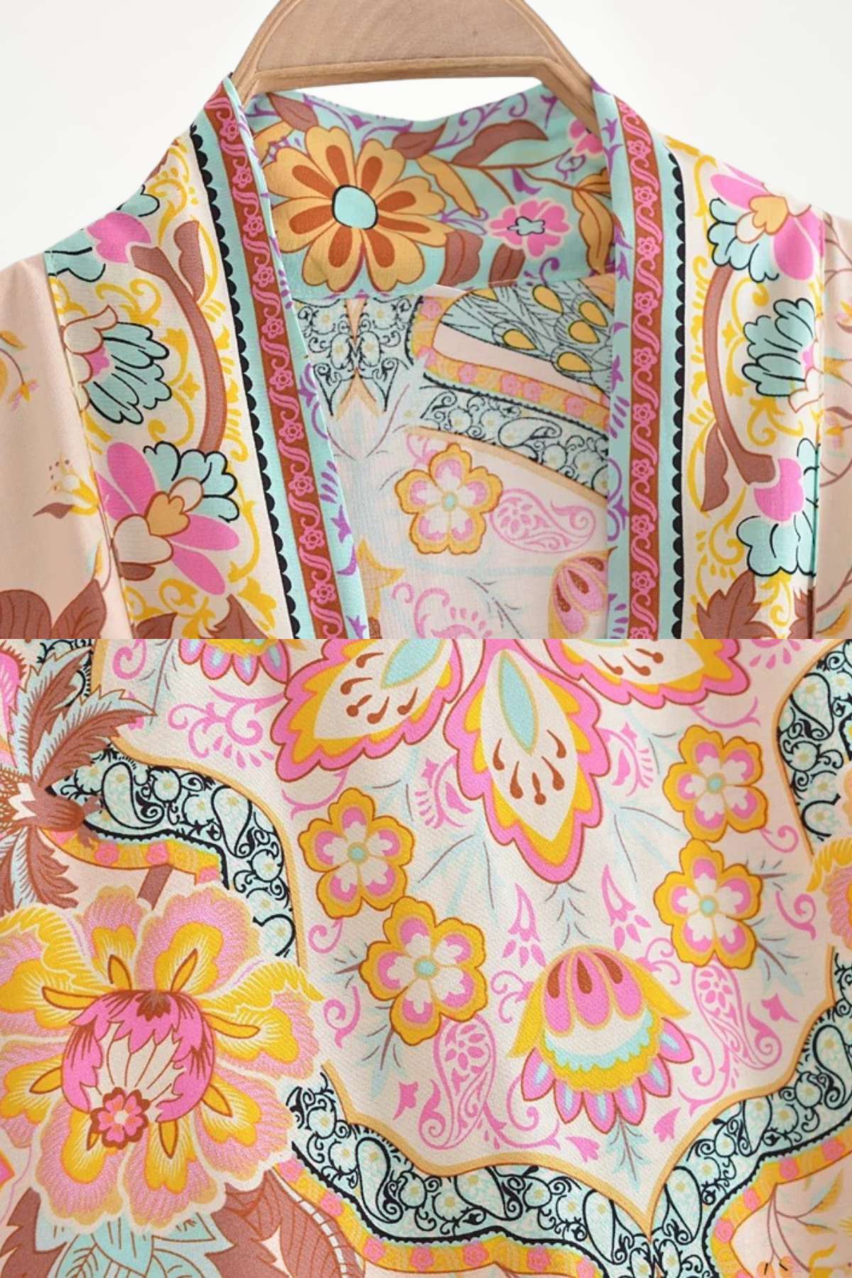 kimono femme court en coton beige à fleurs multicolores rose orange turquoise, style bohème chic pour l’été