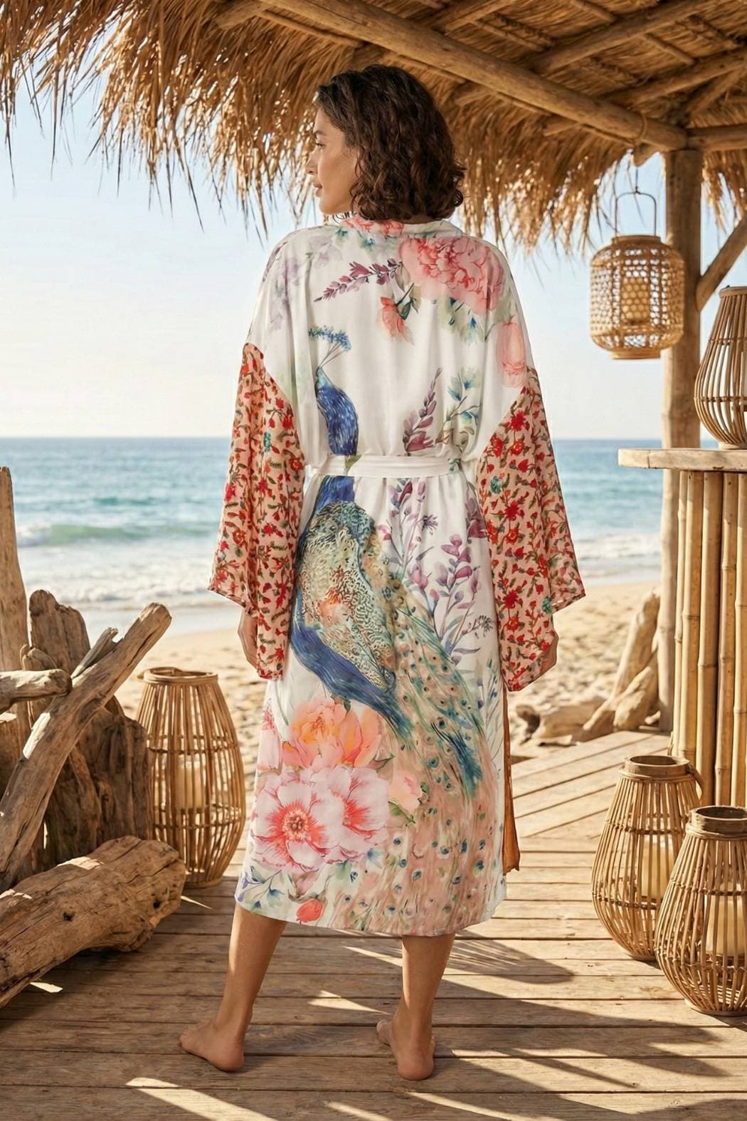 Femme vue de dos portant un kimono en satin aux motifs floraux et d'oiseau, sur une terrasse en bois près