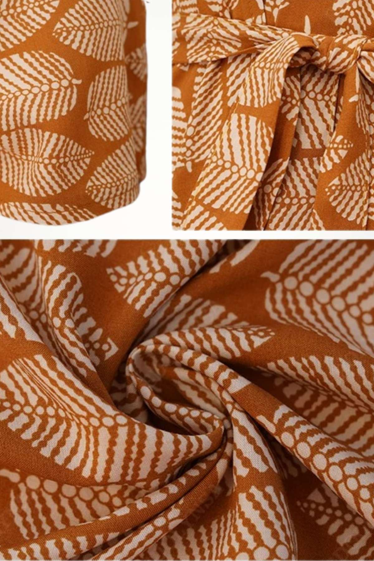 Tissu en coton orange avec motifs de feuilles blanches, drapé élégant et texture douce, idéal pour un kimono