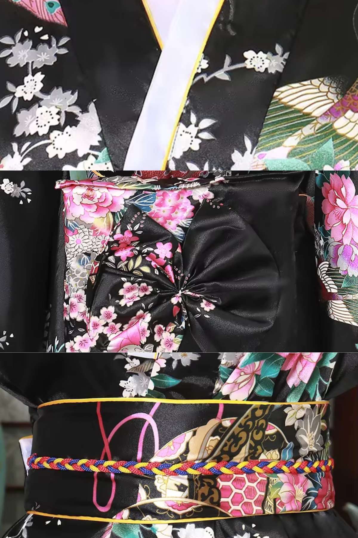 Kimono noir orné de motifs floraux colorés avec ceinture tissée et détails en satin brillant