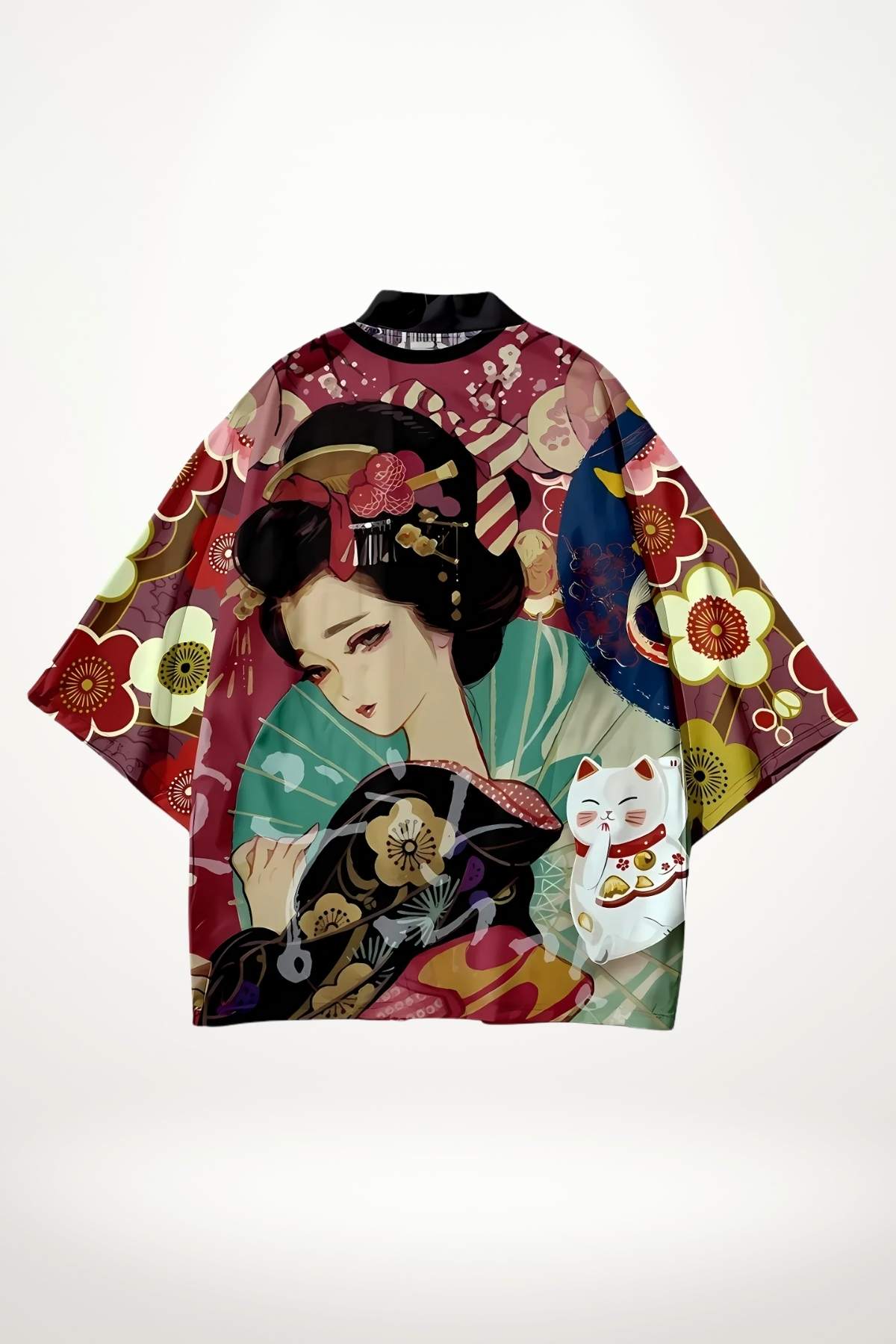 Veste kimono femme imprimé geisha avec fleurs de prunier et maneki-neko, tons rouge, vert et or, coupe légère one-size
