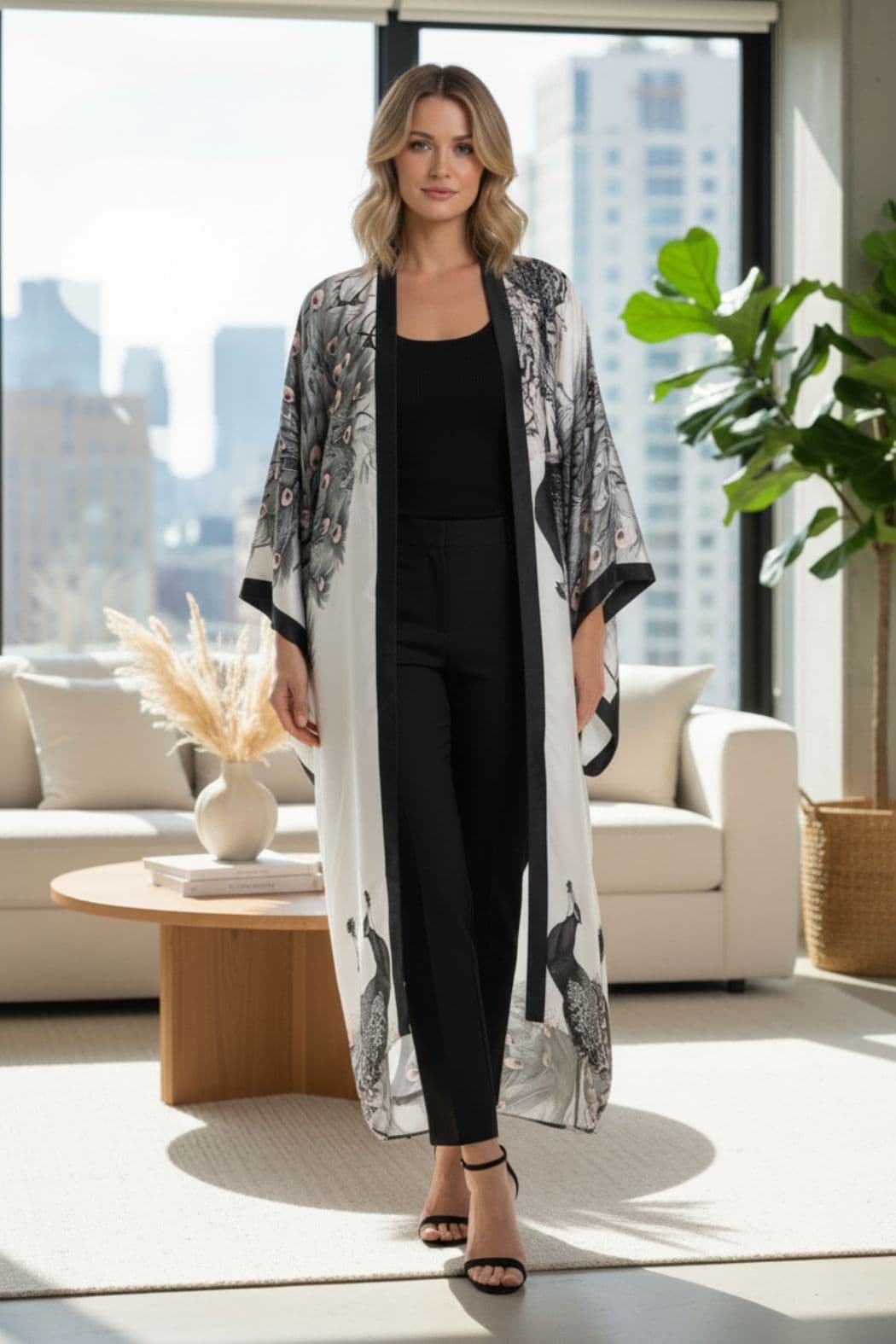 Femme portant un kimono long blanc avec motifs de paons, dans un décor moderne et lumineux
