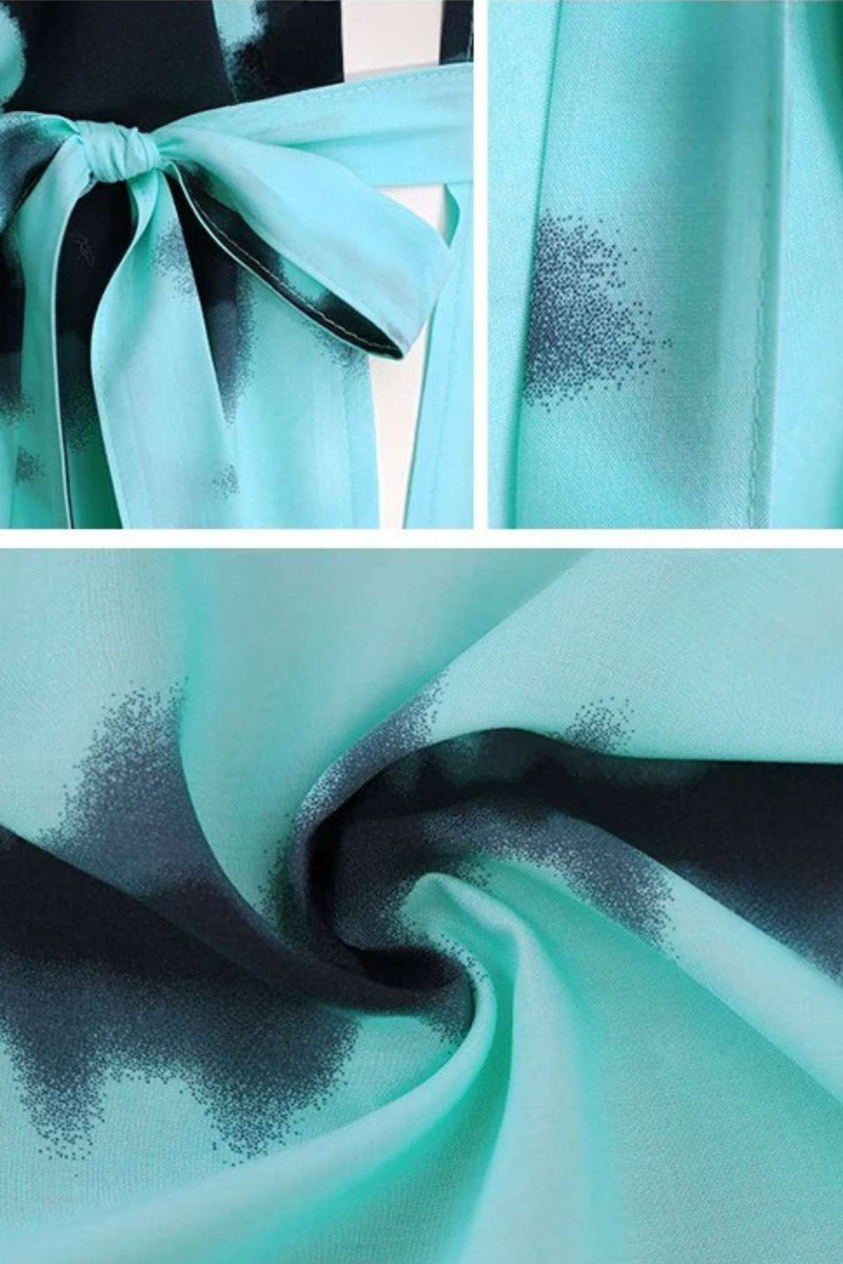 Tissu en dégradé de turquoise et noir, léger et fluide, avec un nœud élégant sur le devant