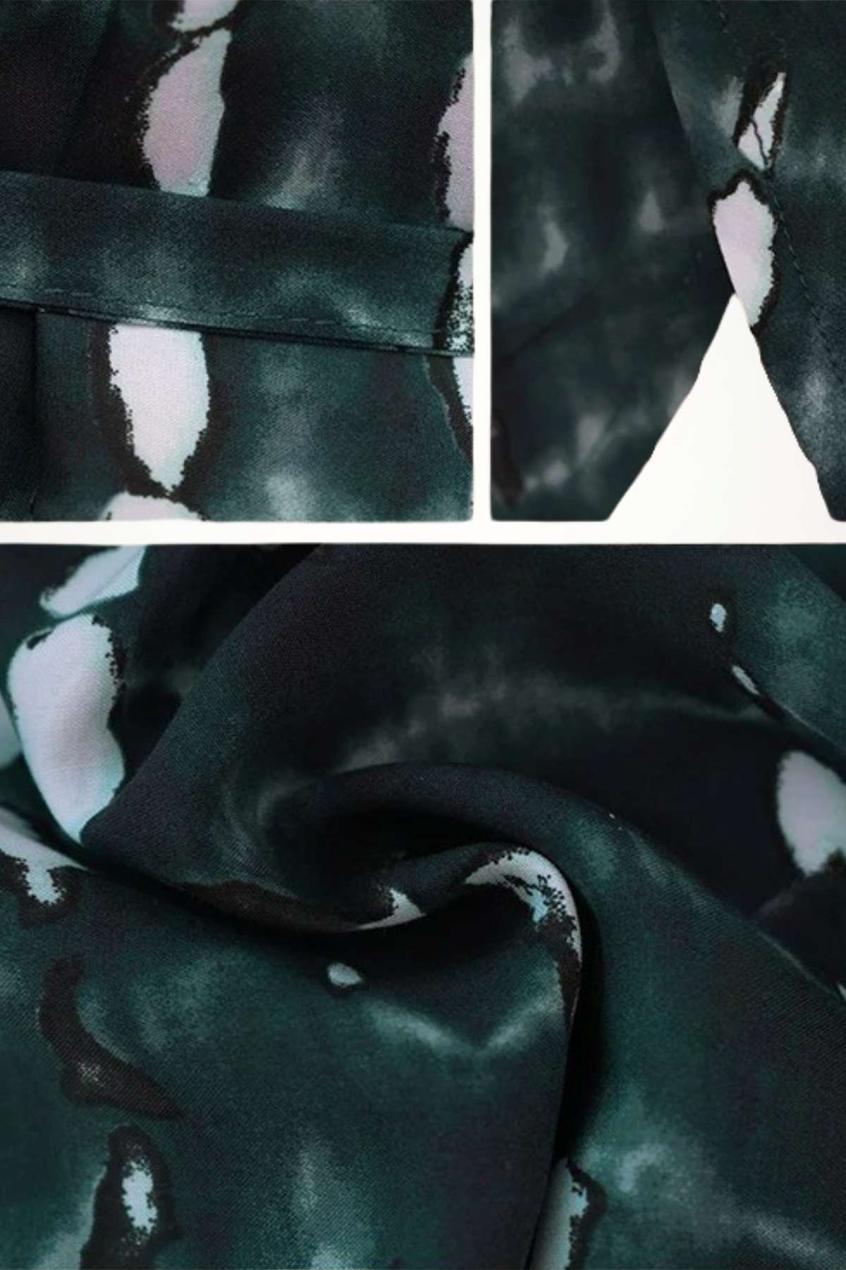 Tissu de kimono vert foncé avec motifs abstraits en blanc, texture douce et fluide, idéal pour une ambiance estivale