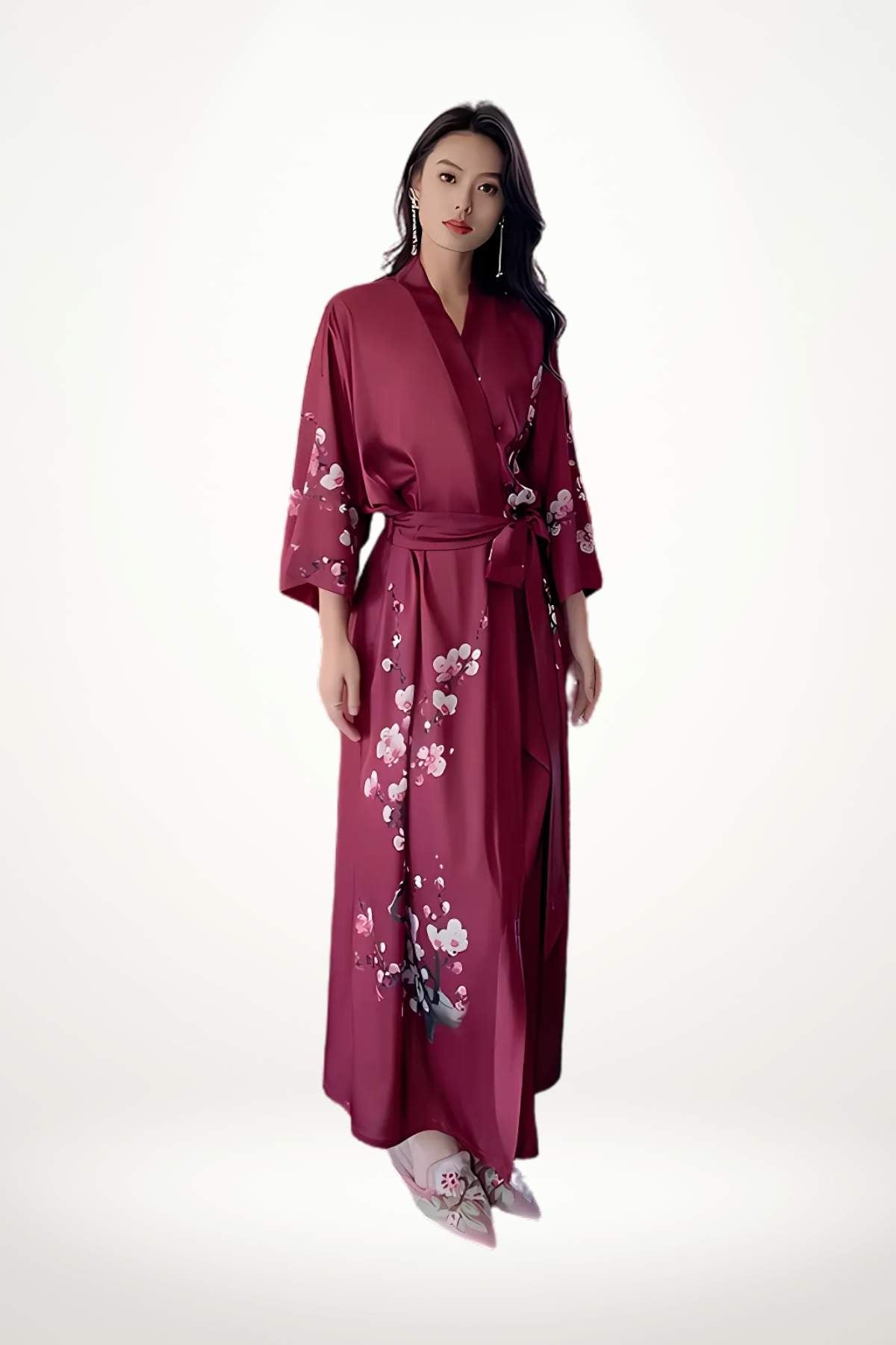 kimono long satin lie-de-vin motif floral cerisier