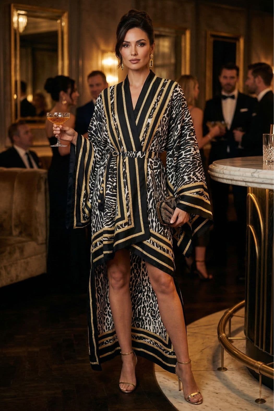 Femme en kimono satin noir et doré, motif léopard, tenant un verre, dans un décor élégant et feutré