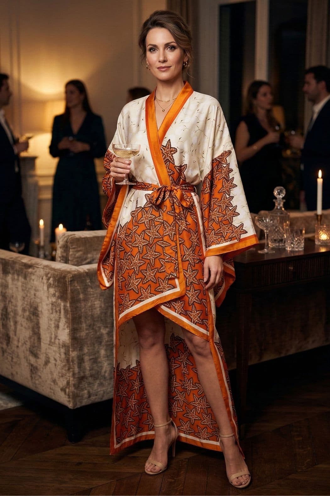 Femme en kimono satin aux motifs d'étoiles orange, posant avec un verre dans un décor élégant et chaleureux