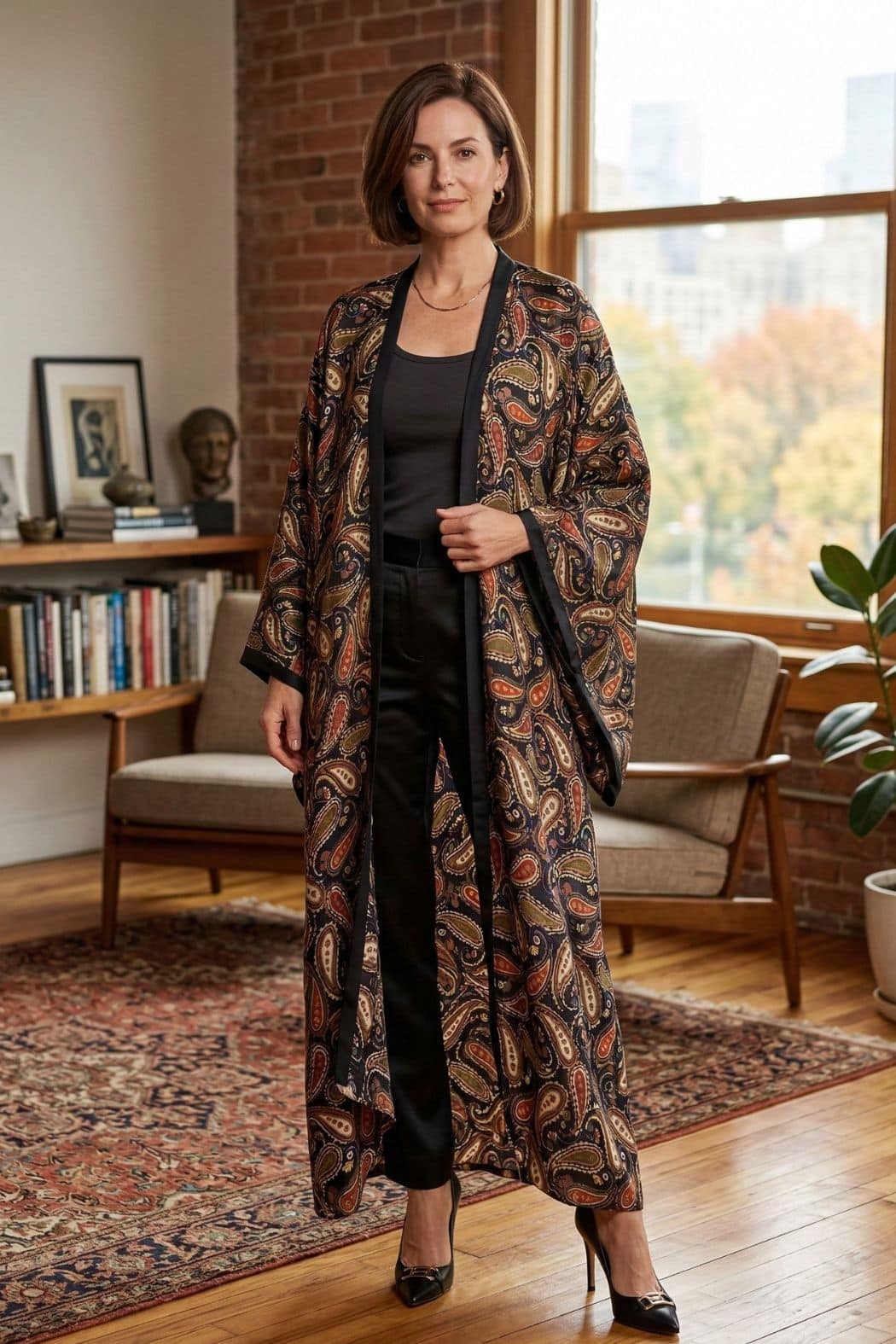 Femme portant un kimono long en satin aux motifs paisley, dans un décor intérieur chaleureux avec un canapé et des