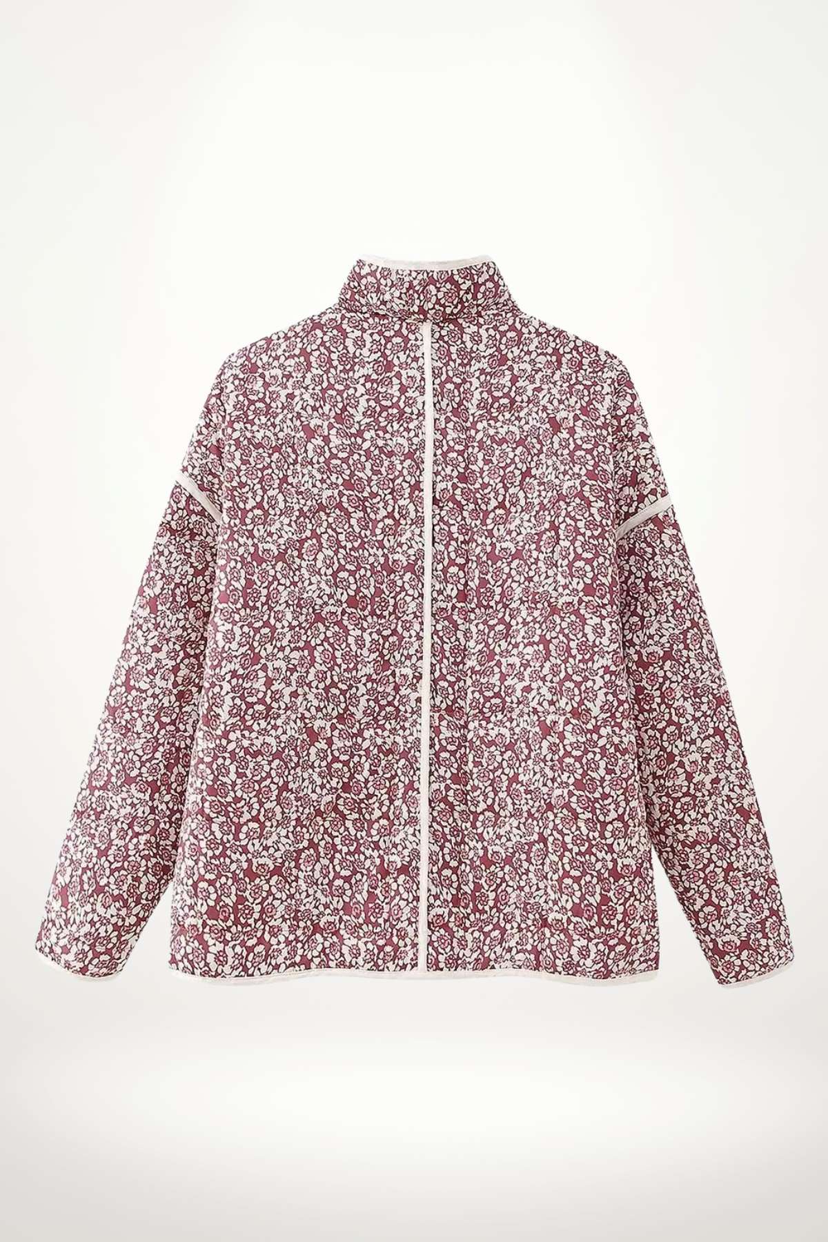 Manteau kimono matelassé femme imprimé floral bordeaux et blanc, col mao, poches plaquées, tissu polyester-rayonne-acétate.