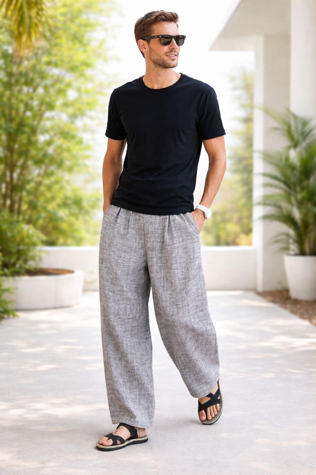 Homme portant un t-shirt noir et un pantalon hakama gris, marchant sur un chemin ensoleillé entouré de verdure
