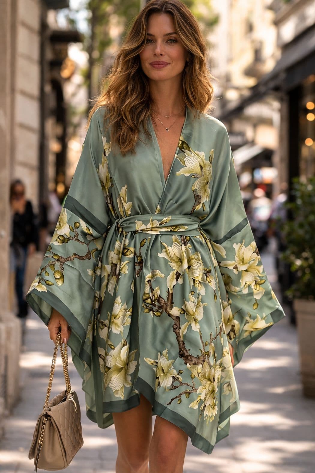 Femme souriante portant un kimono en satin vert avec des motifs floraux, marchant sur une rue ensoleillée
