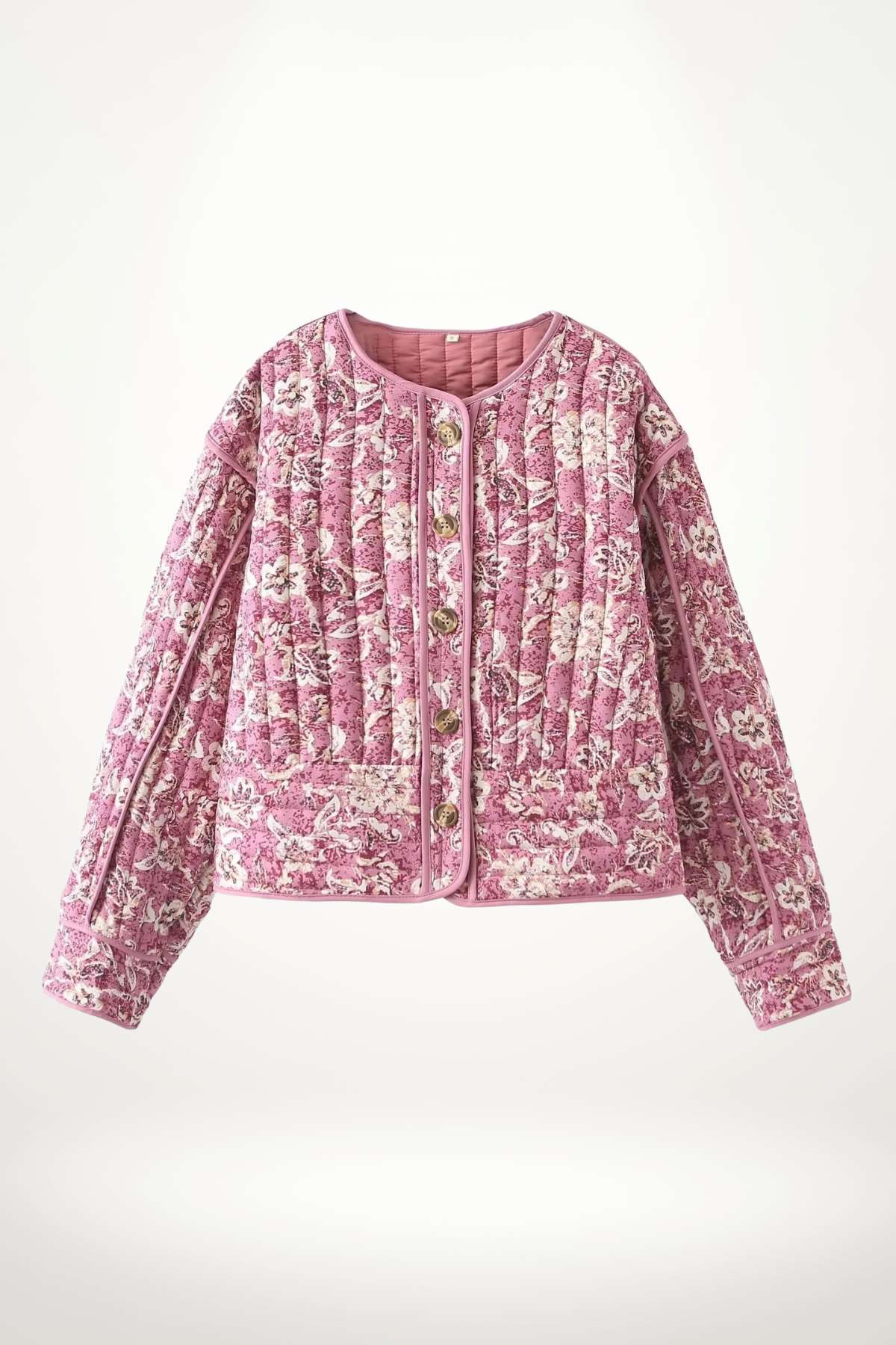 Veste kimono matelassée femme motif floral rose, piquage vertical, col rond, boutons imitation nacre et bordures piping, style bohème-chic.